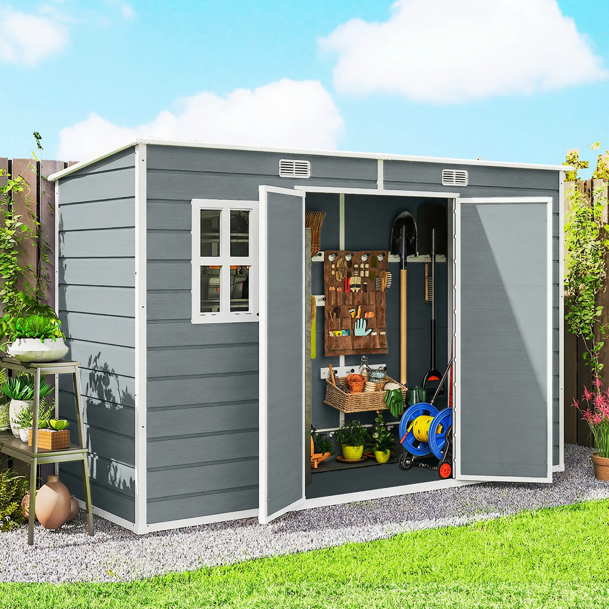 Outsunny 10 X 4 Ft Plastic Garden Shed With Floor, Lockable Doors, Grey - Image 2