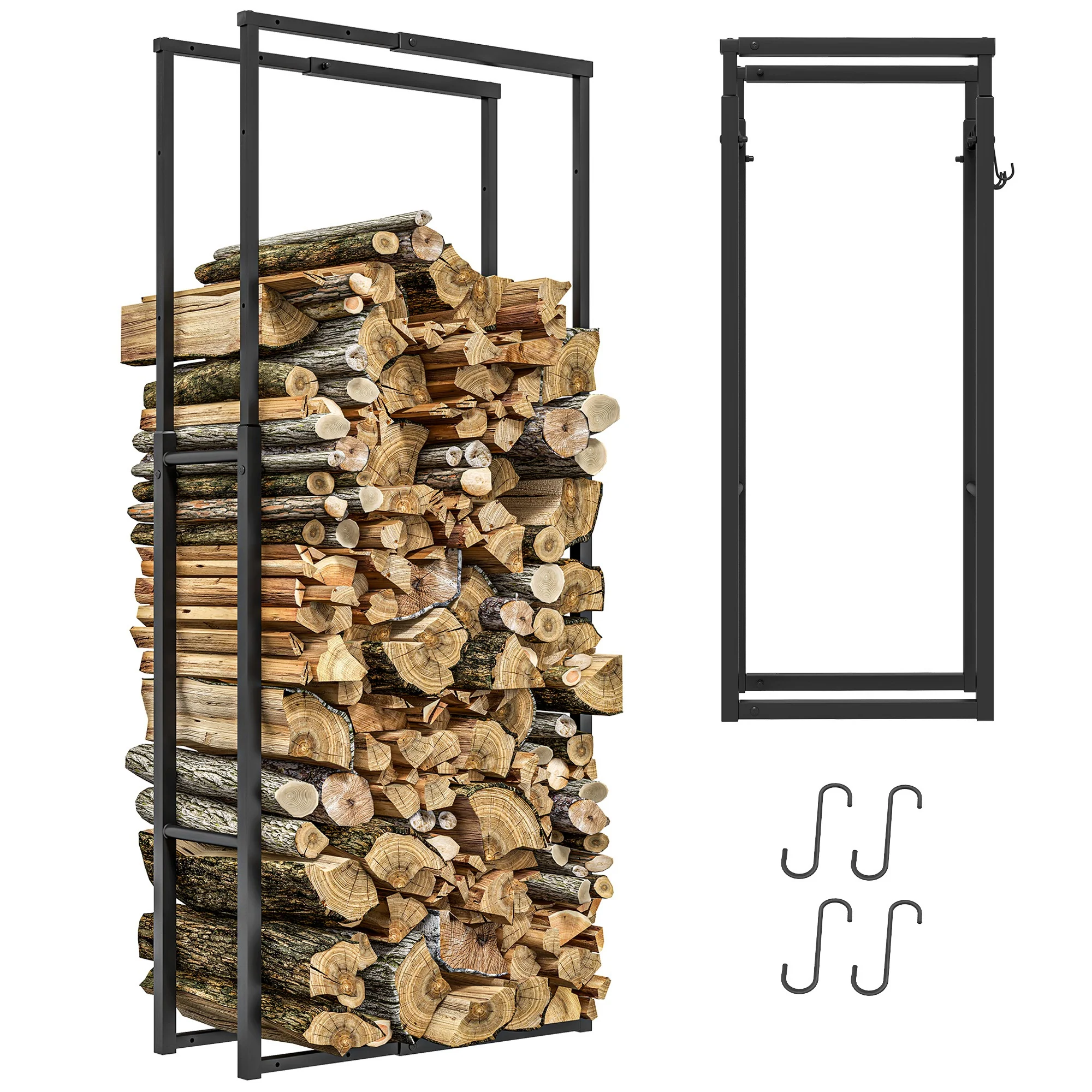 Outsunny 100-150cm Retractable Metal Firewood Log Holder Rack With Hooks - Image 2