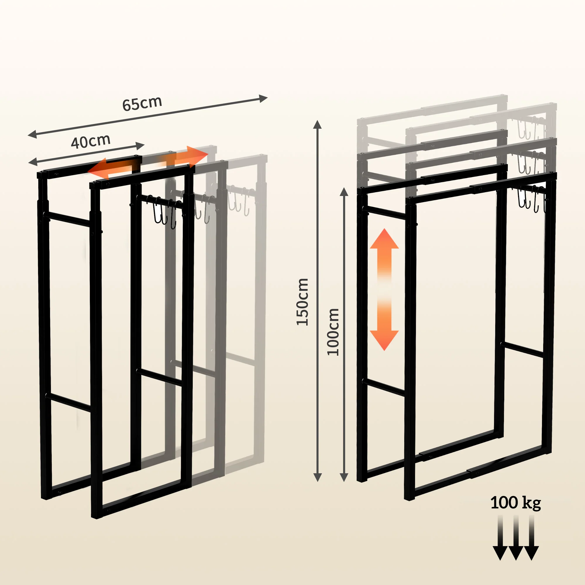 Outsunny 100-150cm Retractable Metal Firewood Log Holder Rack With Hooks - Image 6