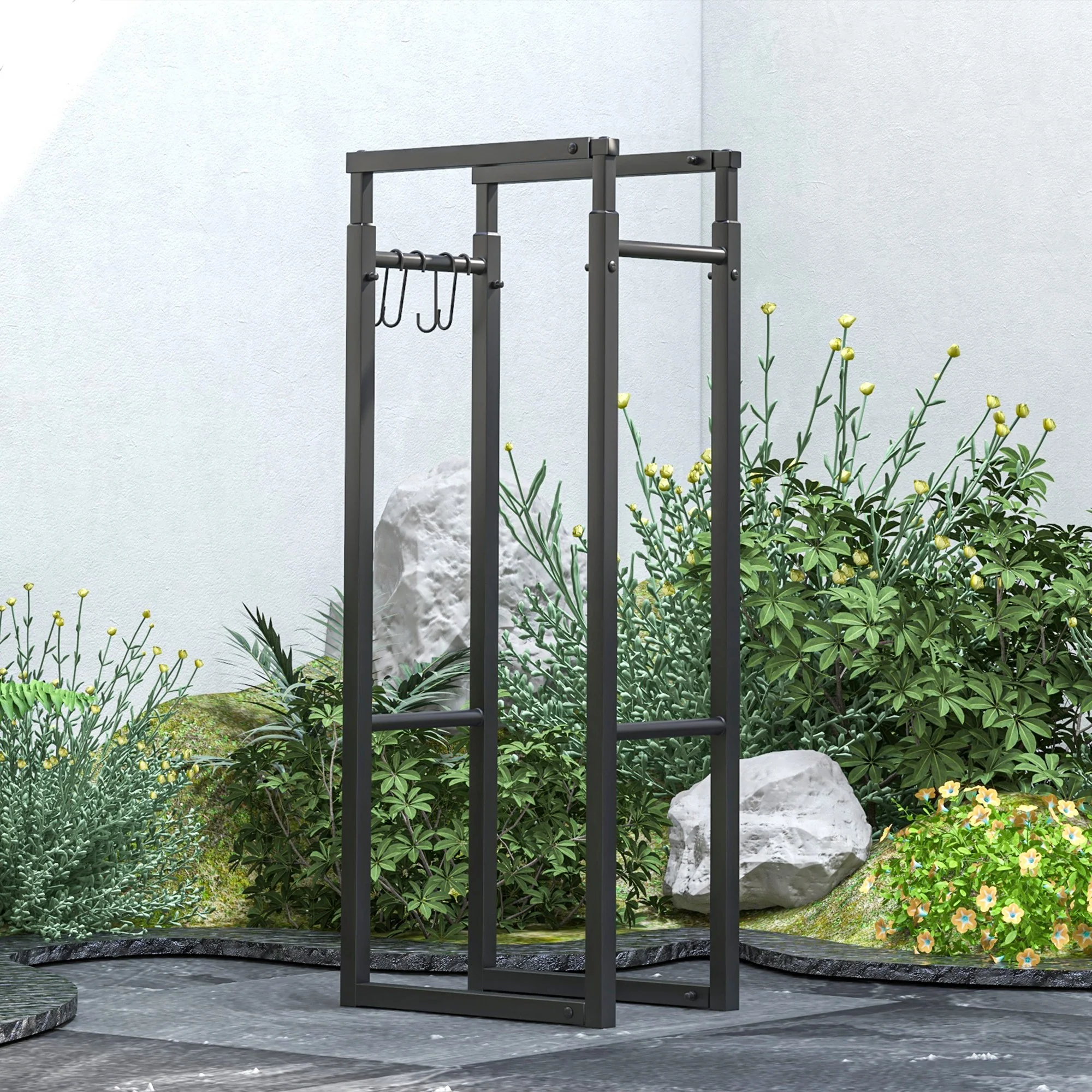 Outsunny 100-150cm Retractable Metal Firewood Log Holder Rack With Hooks - Image 9