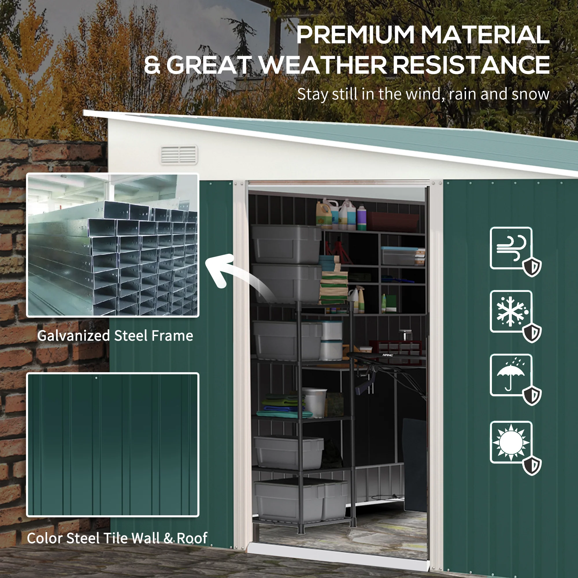Outsunny 11.3x9.2ft Steel Garden Storage Shed w/ Sliding Doors & 2 Vents, Green - Image 3