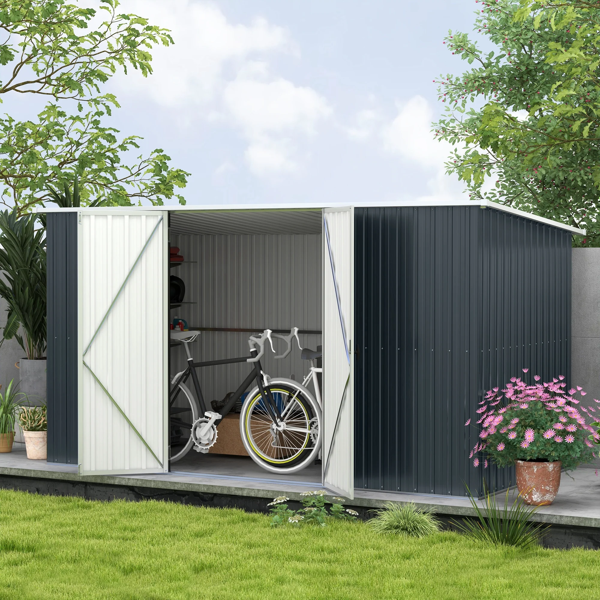 Outsunny 11 X 5.6ft Galvanised Metal Garden Shed With Lockable Doors, Grey - Image 2