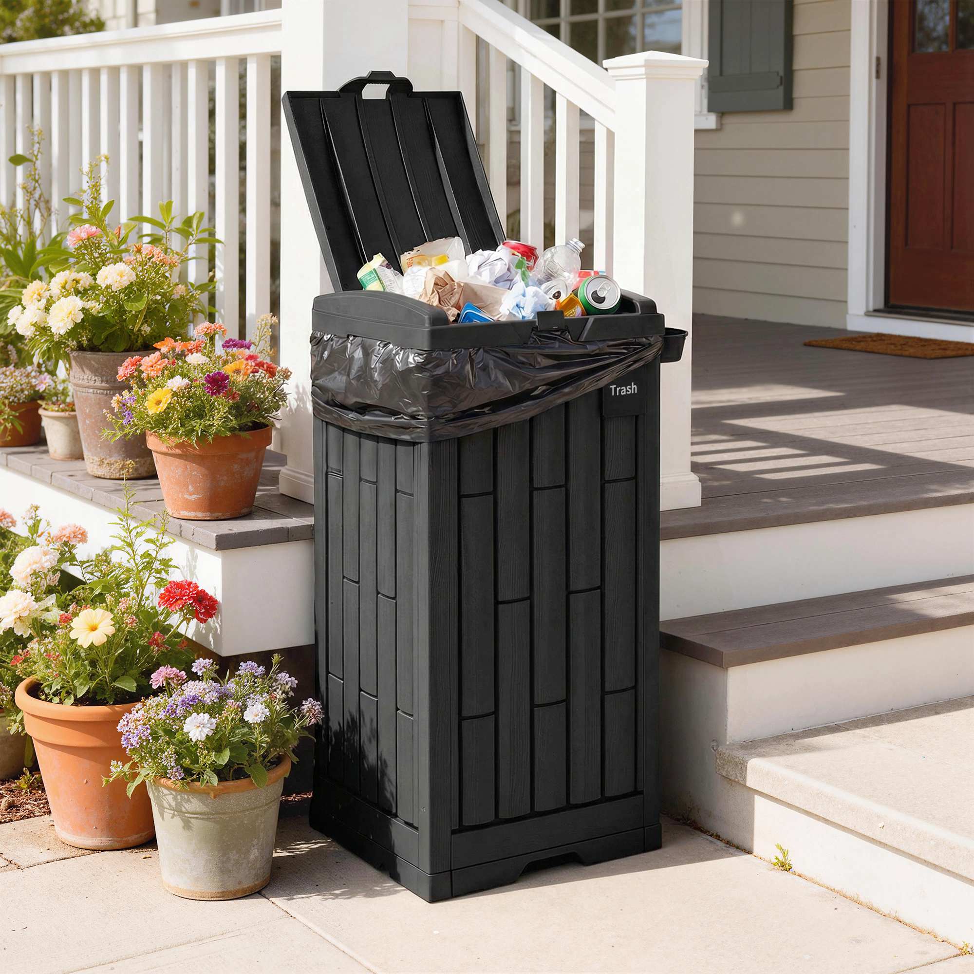 Outsunny 110 L Outdoor Bin with Dual Lid, Ashtray, Drip Tray, Black - Image 2