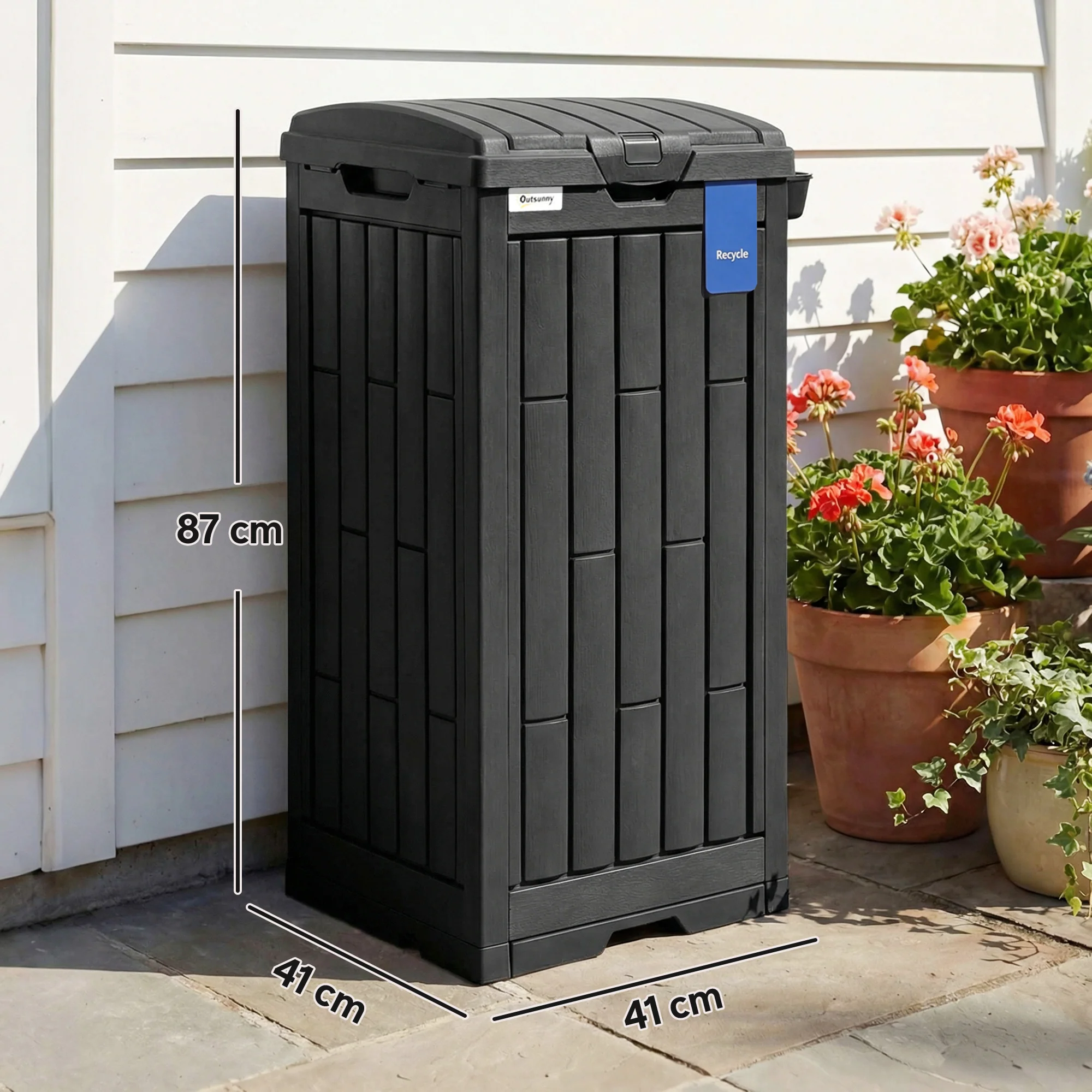 Outsunny 110 L Outdoor Bin with Dual Lid, Ashtray, Drip Tray, Black - Image 3