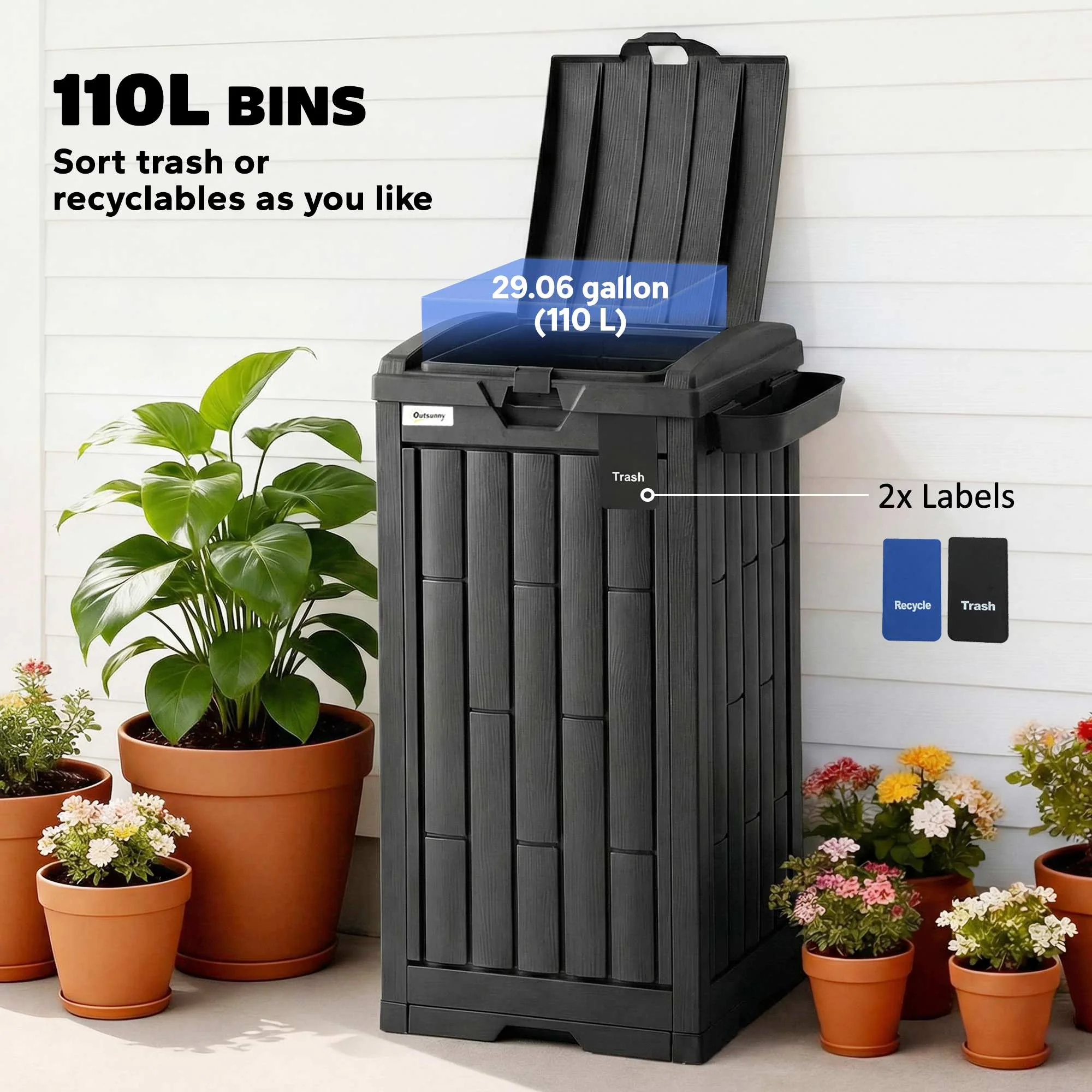 Outsunny 110 L Outdoor Bin with Dual Lid, Ashtray, Drip Tray, Black - Image 4