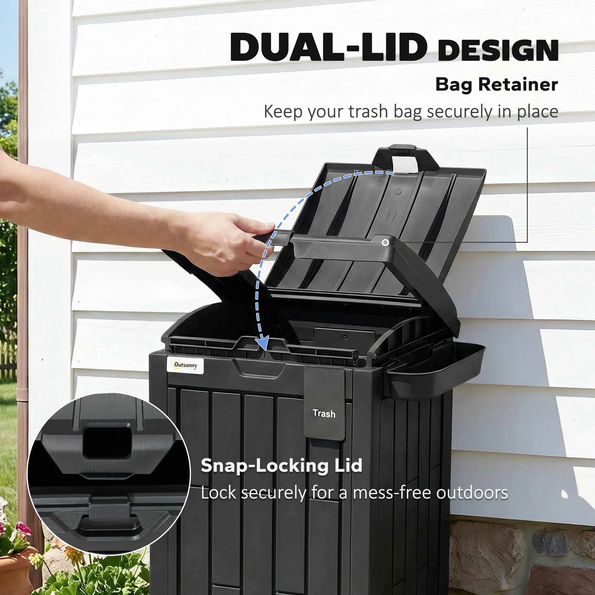 Outsunny 110 L Outdoor Bin with Dual Lid, Ashtray, Drip Tray, Black - Image 5