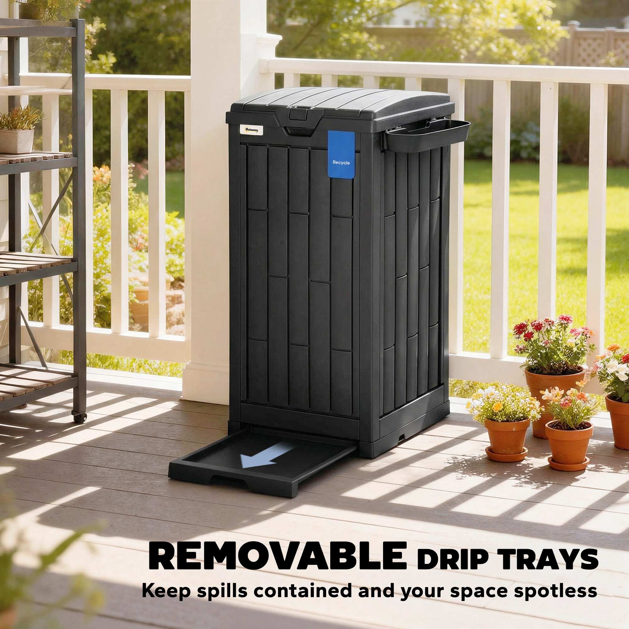 Outsunny 110 L Outdoor Bin with Dual Lid, Ashtray, Drip Tray, Black - Image 7