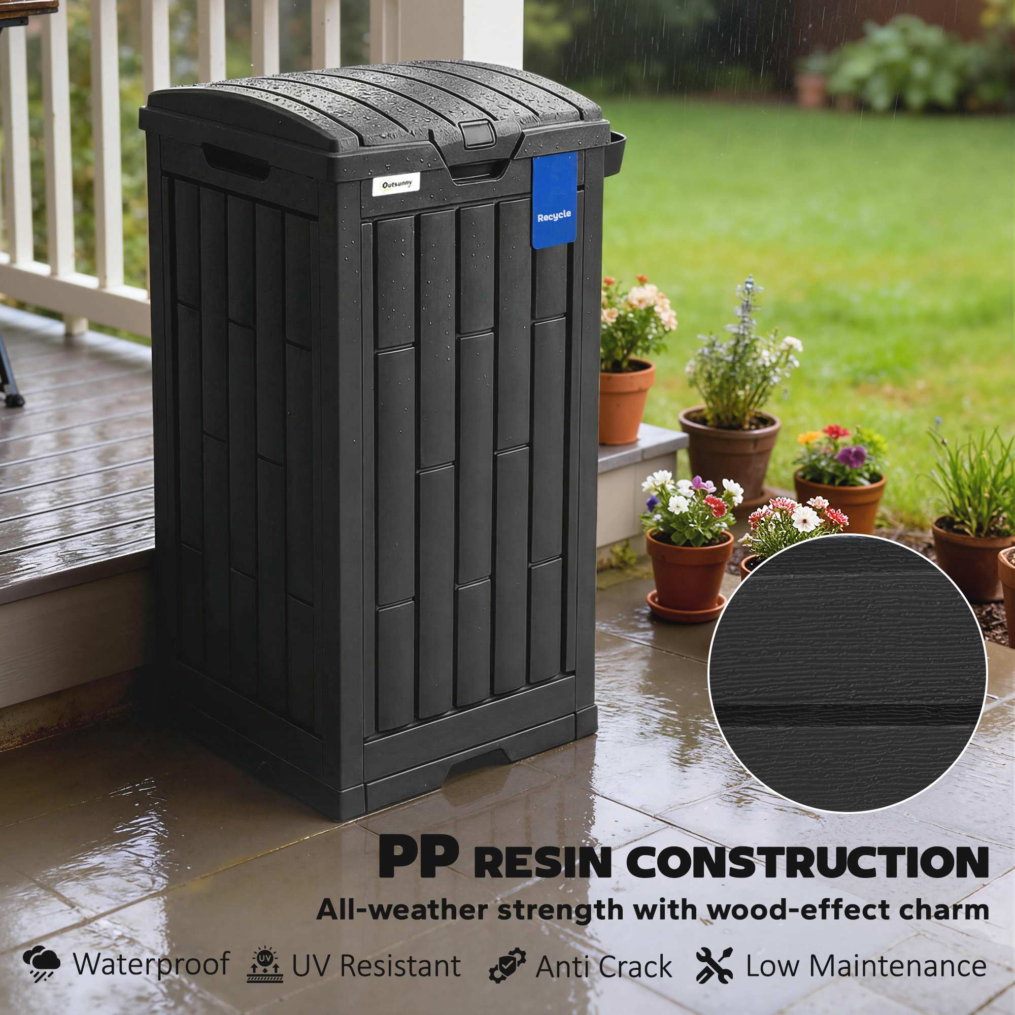 Outsunny 110 L Outdoor Bin with Dual Lid, Ashtray, Drip Tray, Black - Image 8