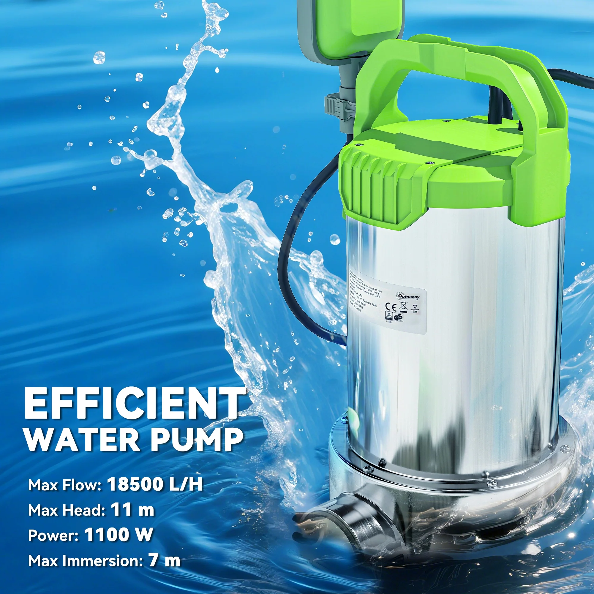 Outsunny 1100W Water Pump With Float Switch, 18500L/H Electric Sump Pump - Image 3