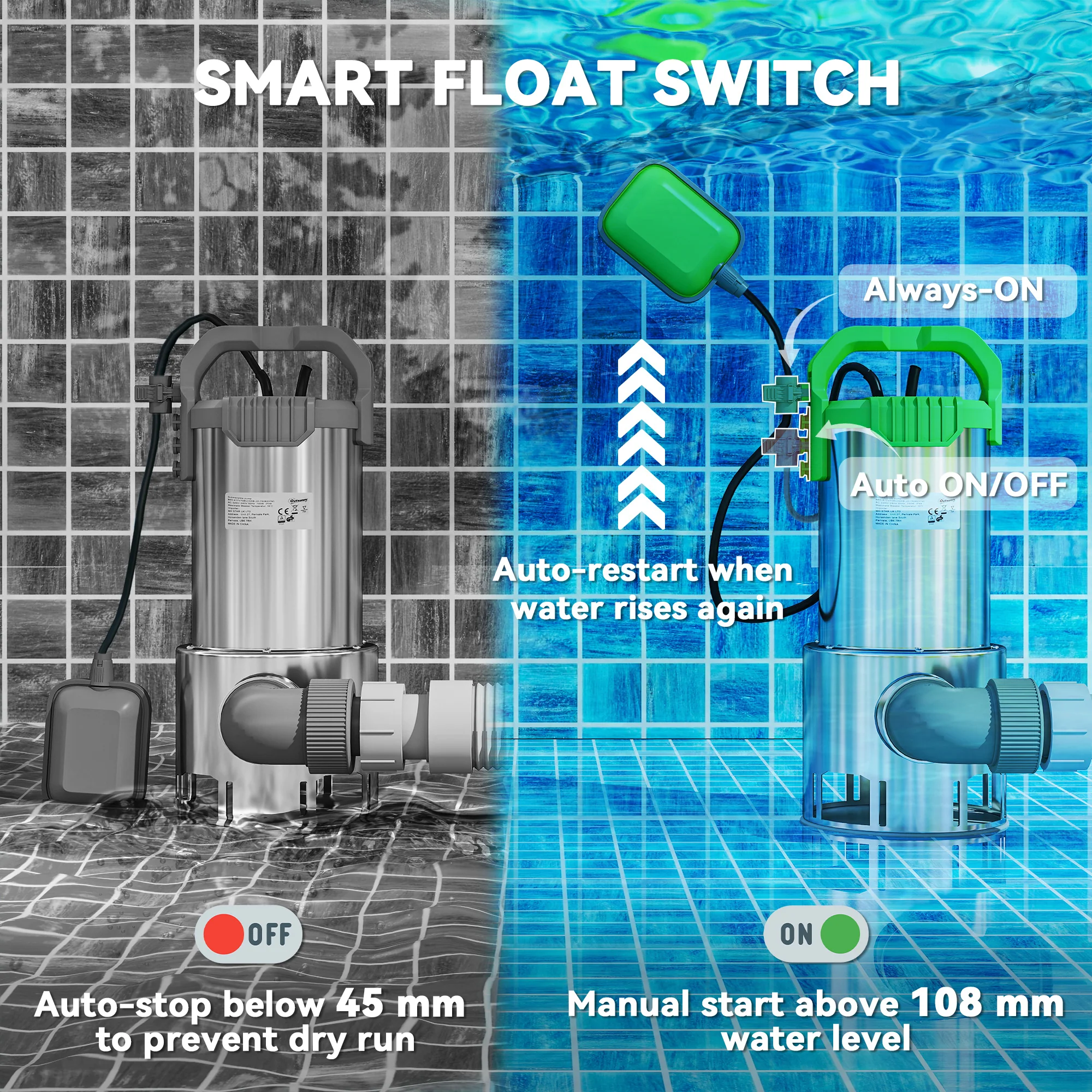 Outsunny 1100W Water Pump With Float Switch, 18500L/H Electric Sump Pump - Image 6