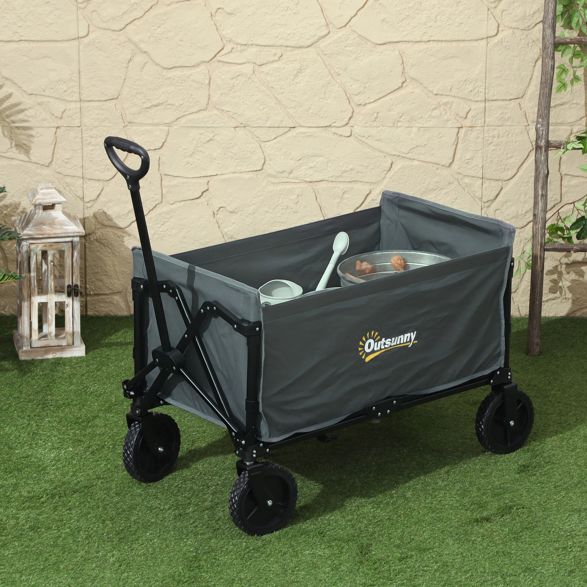 Outsunny 120L Folding Collapsible Wagon With Adjustable Handle, Grey - Image 20