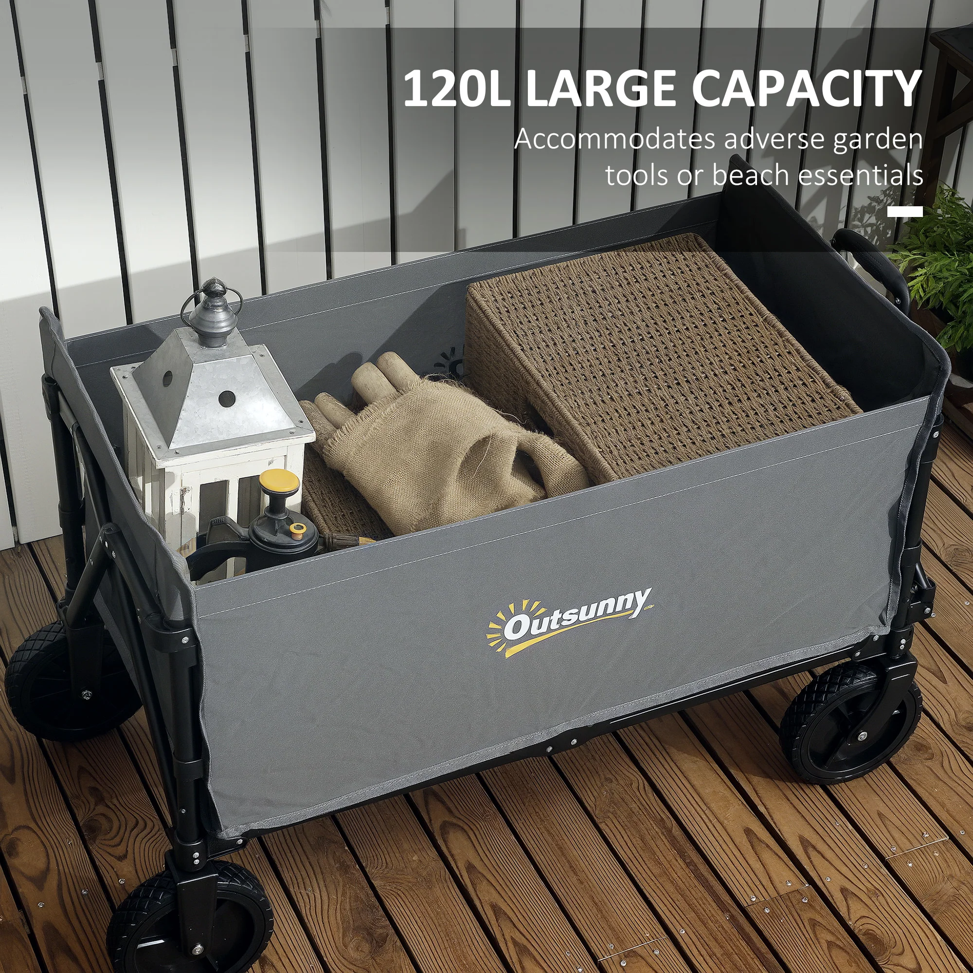 Outsunny 120L Folding Collapsible Wagon With Adjustable Handle, Grey - Image 21