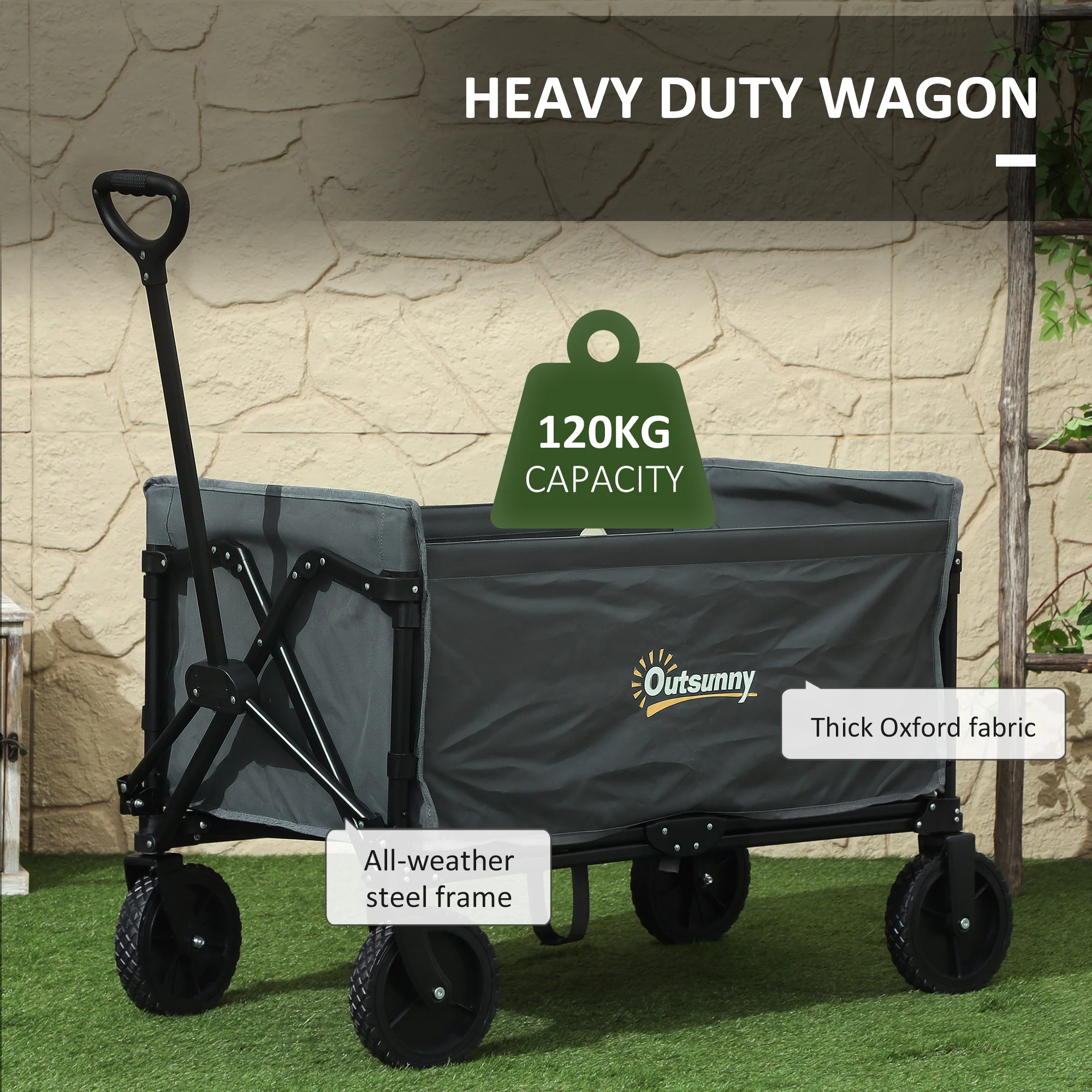 Outsunny 120L Folding Collapsible Wagon With Adjustable Handle, Grey - Image 22