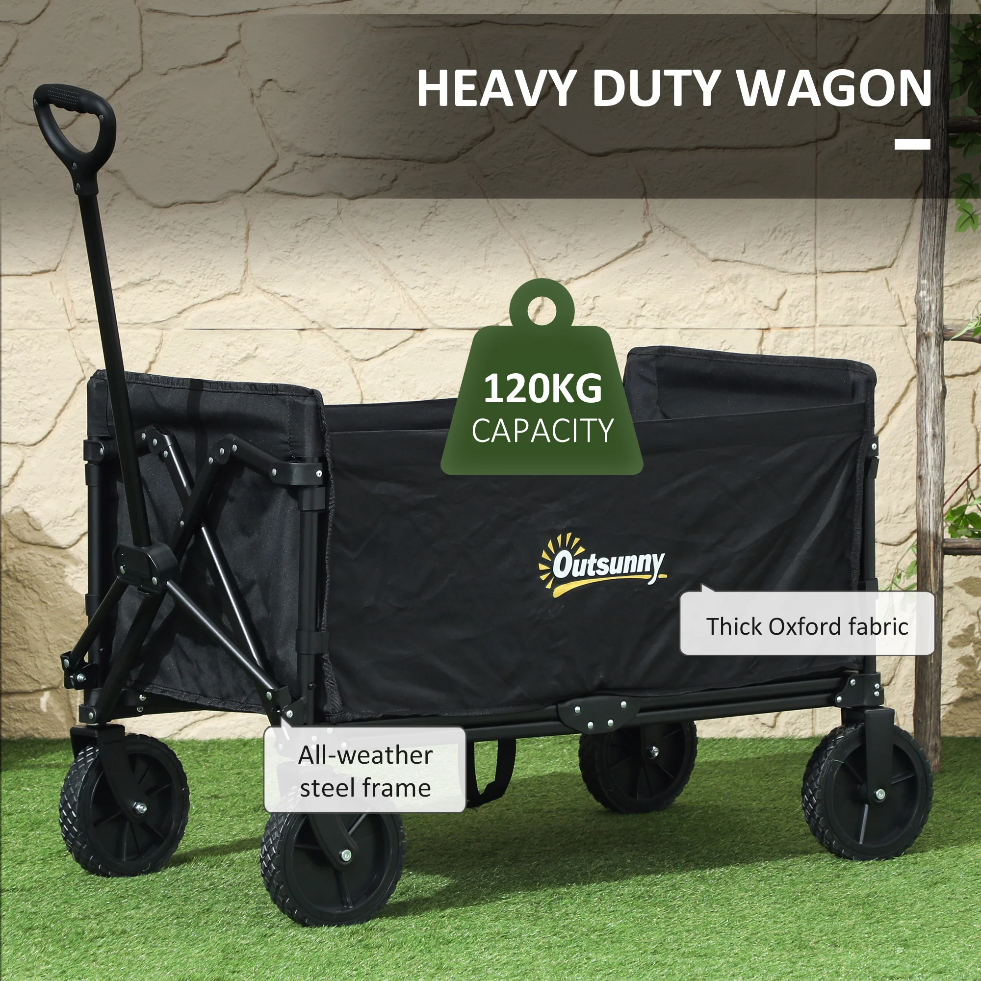 Outsunny 120L Folding Collapsible Wagon With Adjustable Handle, Grey - Image 4