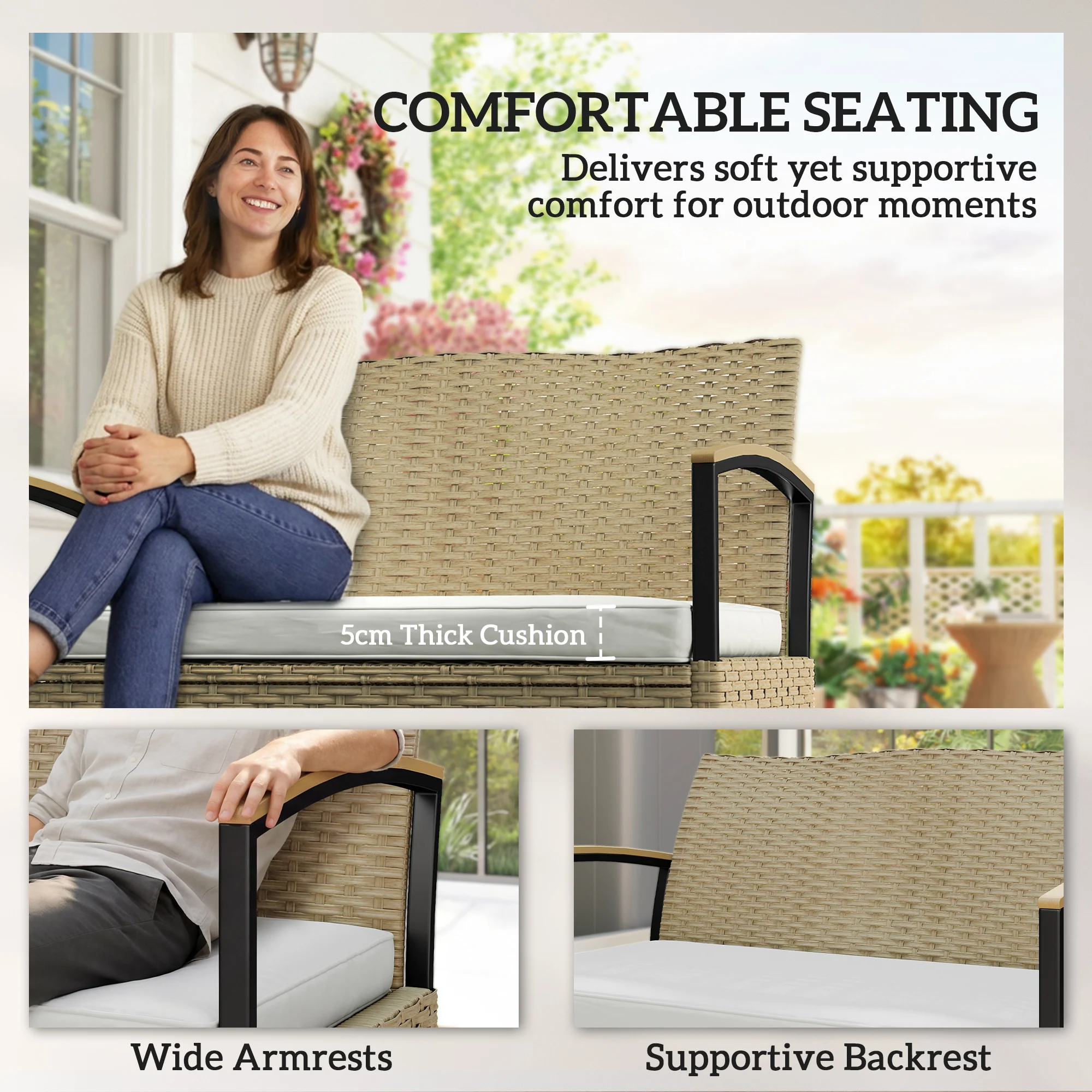 Outsunny 125L Garden Storage Bench, 2 Seater PE Rattan Outdoor Bench - Image 5