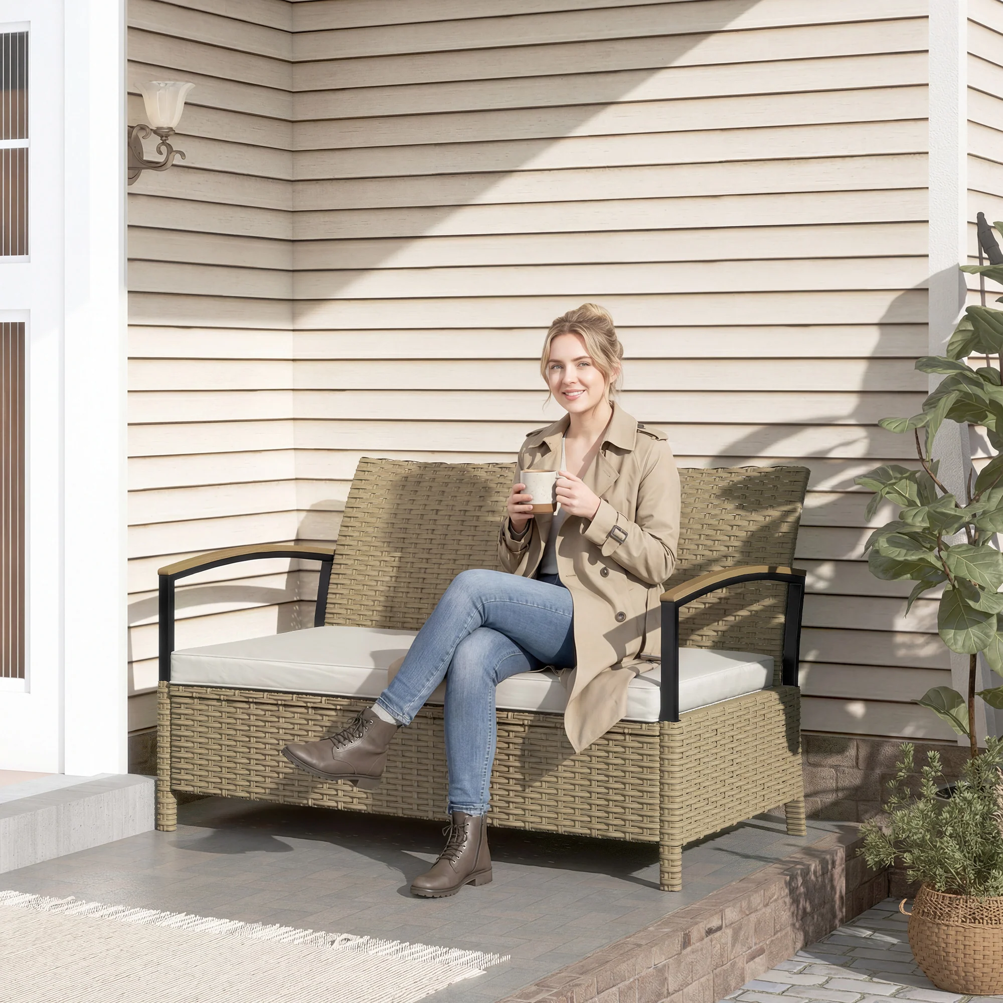 Outsunny 125L Garden Storage Bench, 2 Seater PE Rattan Outdoor Bench - Image 8
