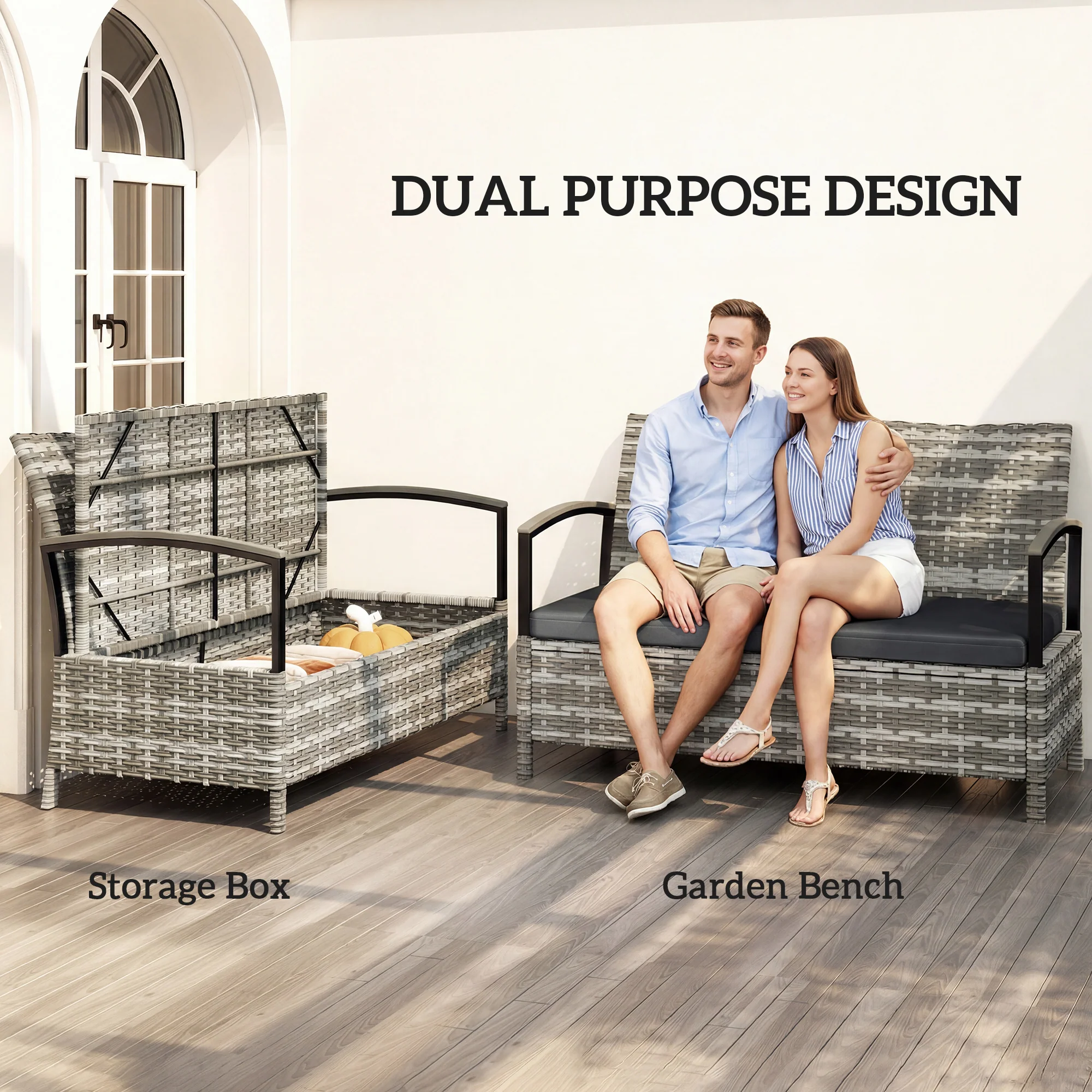 Outsunny 125L Garden Storage Bench, 2 Seater PE Rattan Outdoor Bench - Image 4