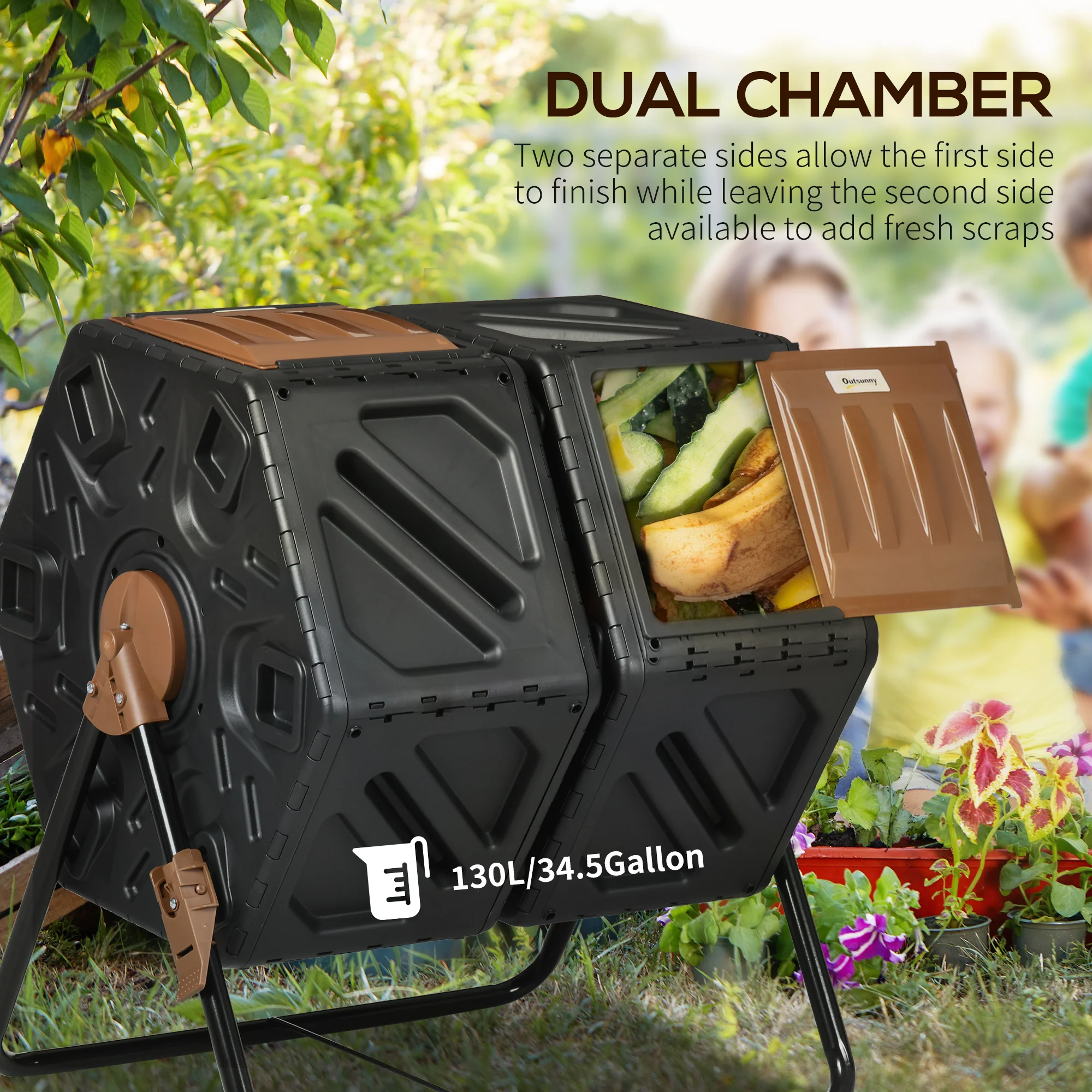 Outsunny 130L Compost Bin Dual Chamber Rotating Composter w/ Ventilation Holes - Image 3
