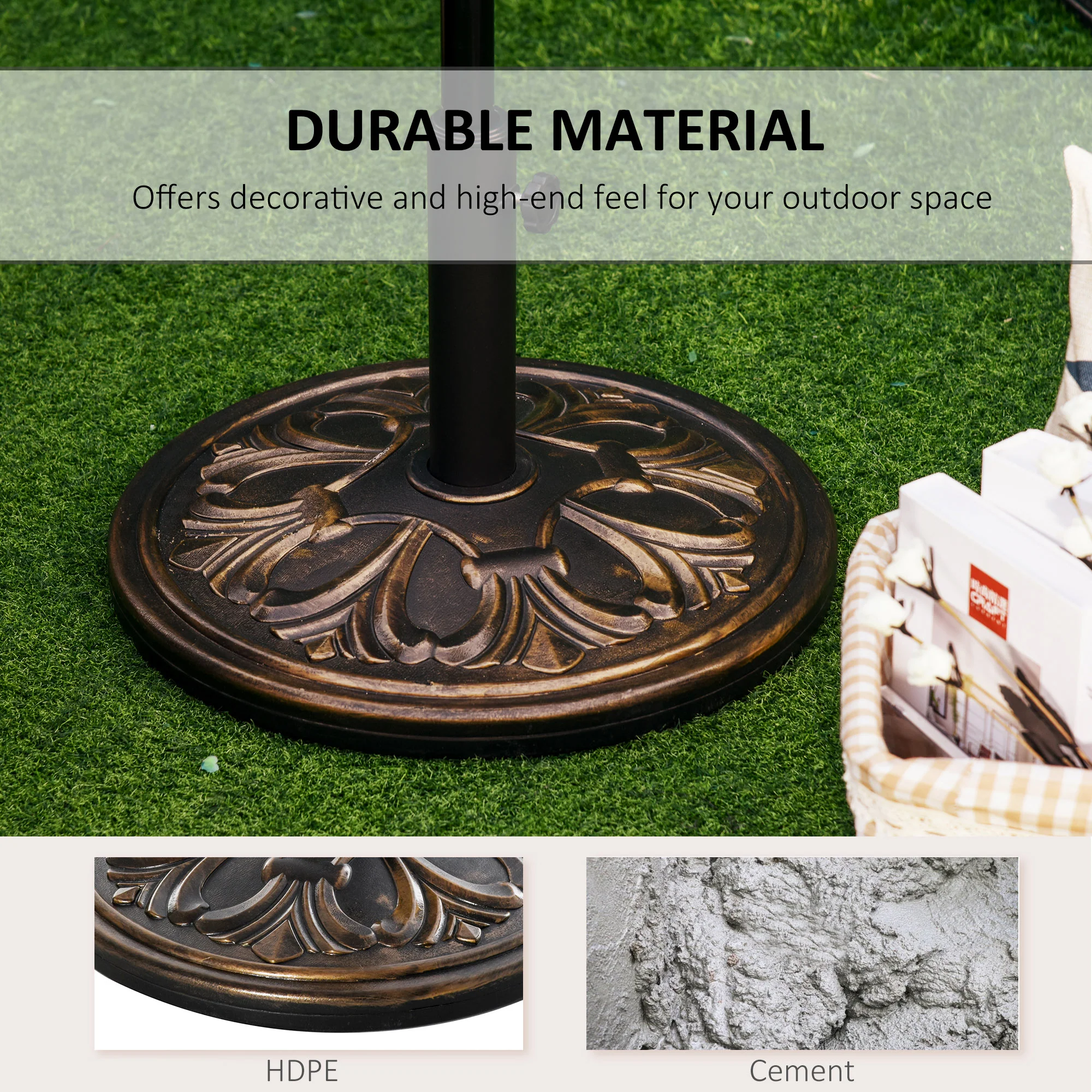 Outsunny 13KG Round Parasol Base Heavy Duty Cement Stand Umbrella Holder Bronze - Image 4