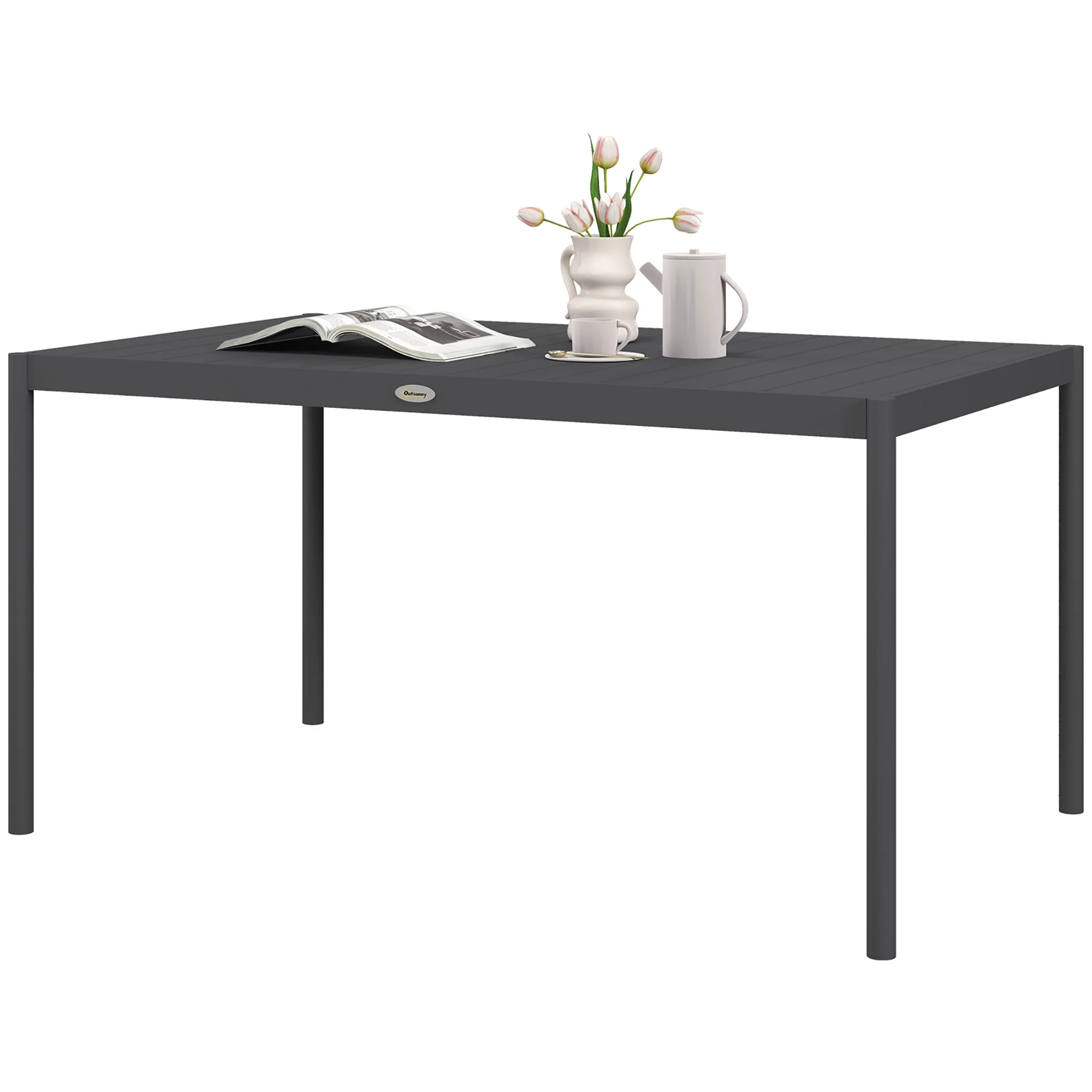 Outsunny 145cm Garden Table with Slatted Aluminium Top, Steel Legs, Dark Grey