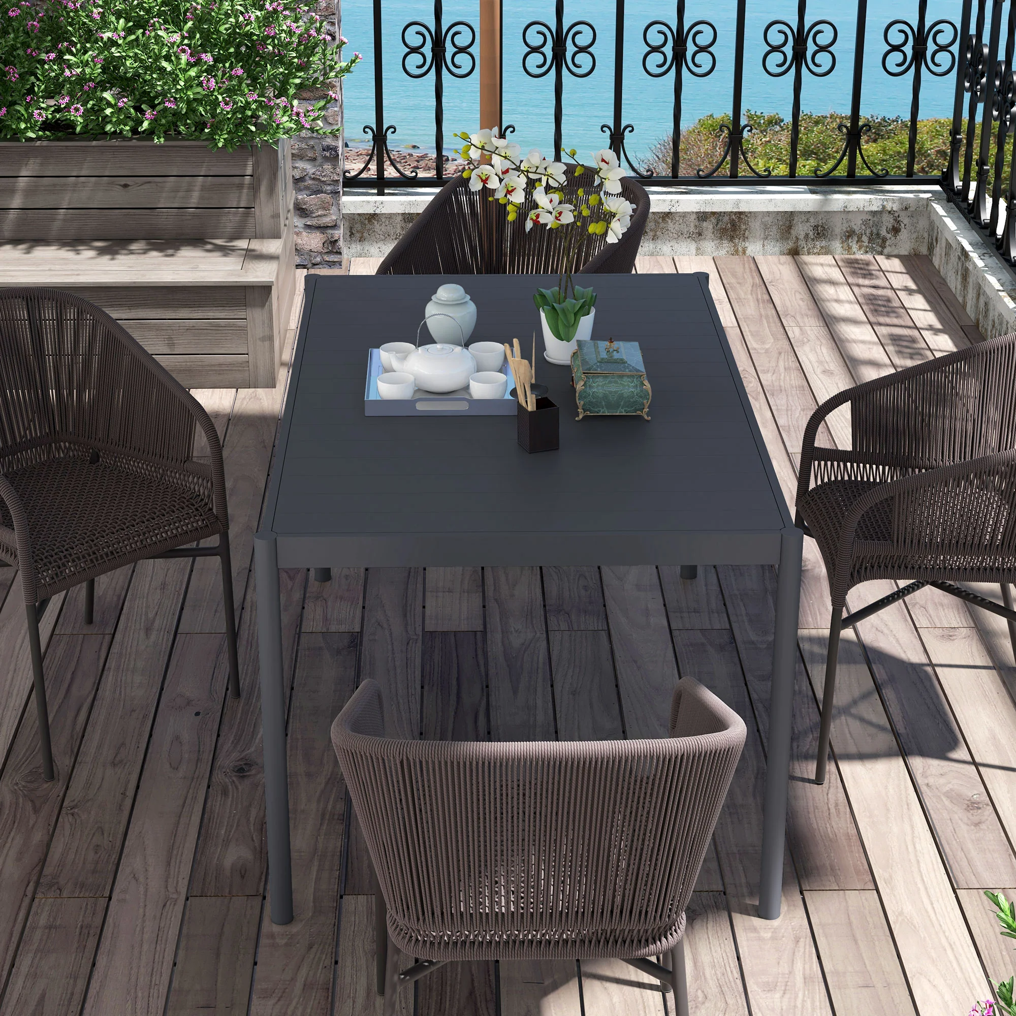 Outsunny 145cm Garden Table with Slatted Aluminium Top, Steel Legs, Dark Grey - Image 9