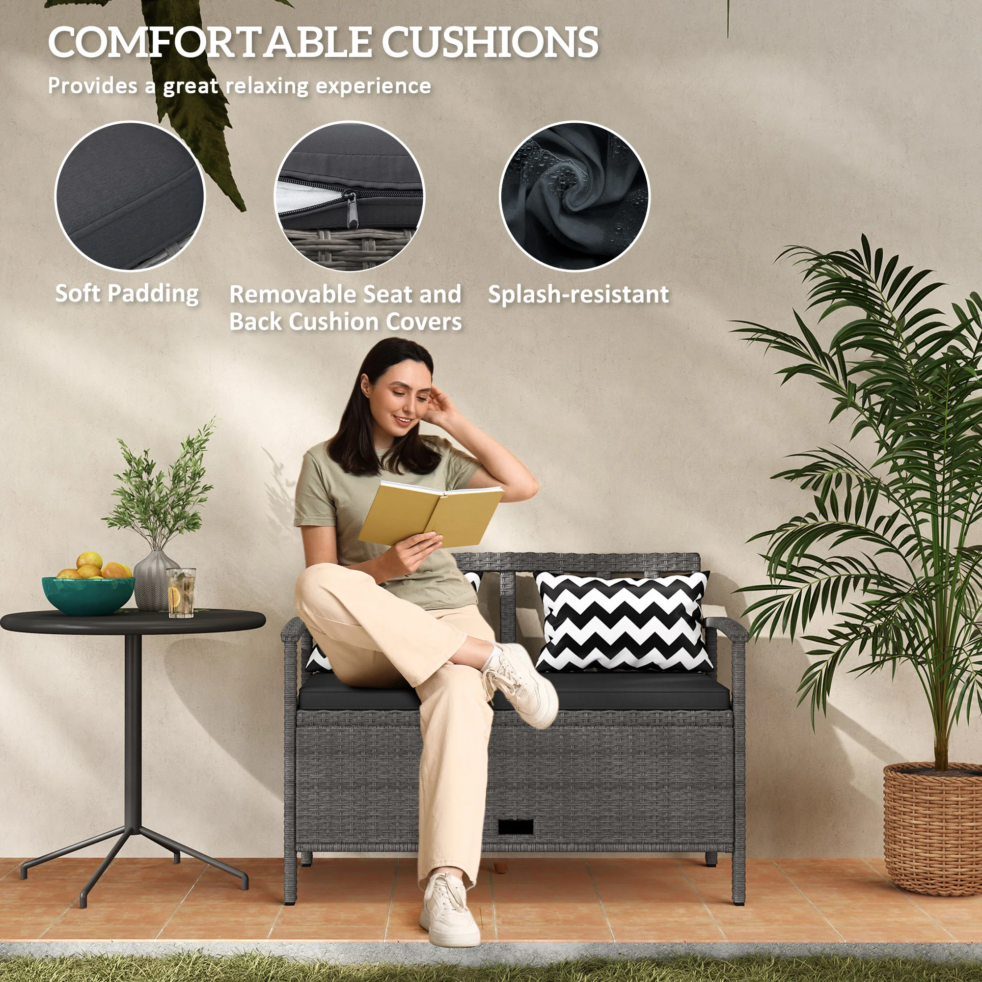 Outsunny 160L Rattan Garden Storage Bench, Cushioned Outdoor Bench, Grey - Image 6