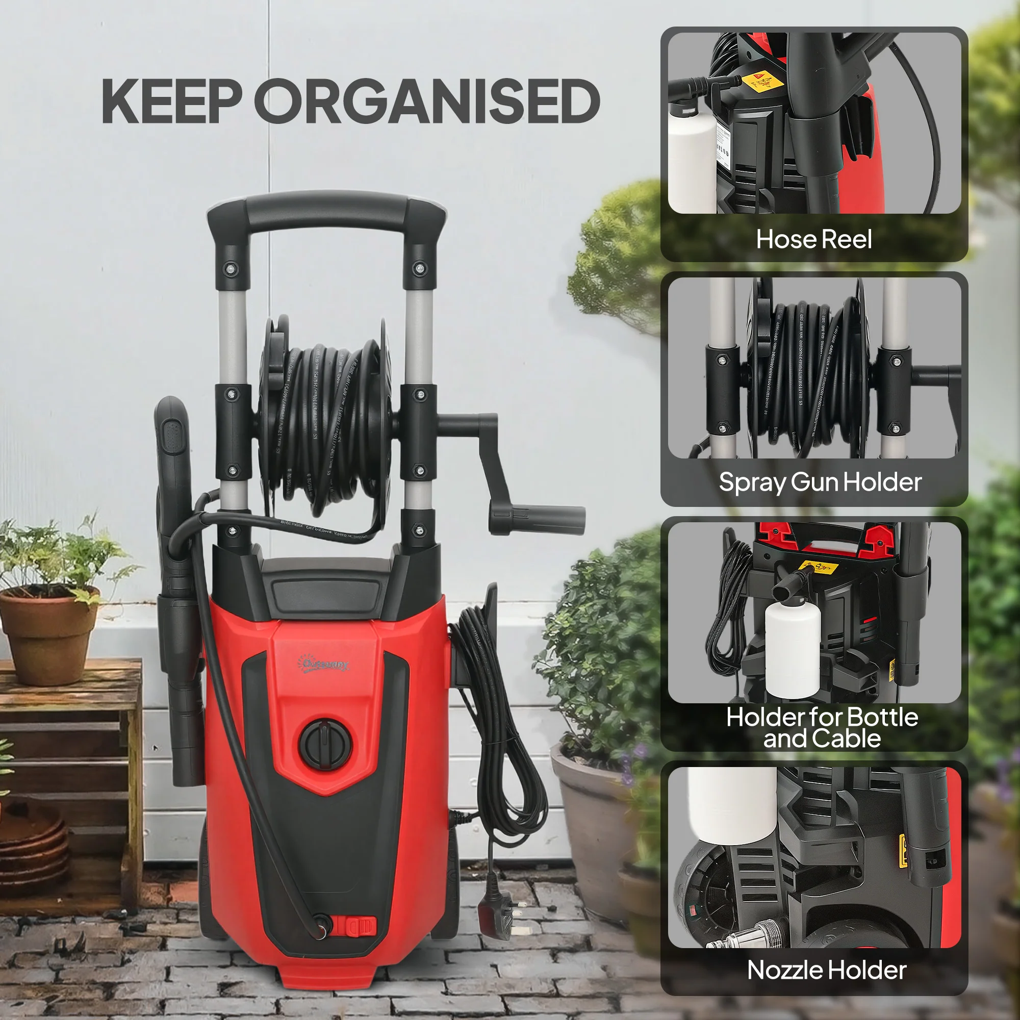 Outsunny 1800 W Power Washer 150 Bar Pressure With Adjustable Nozzle, Red - Image 7