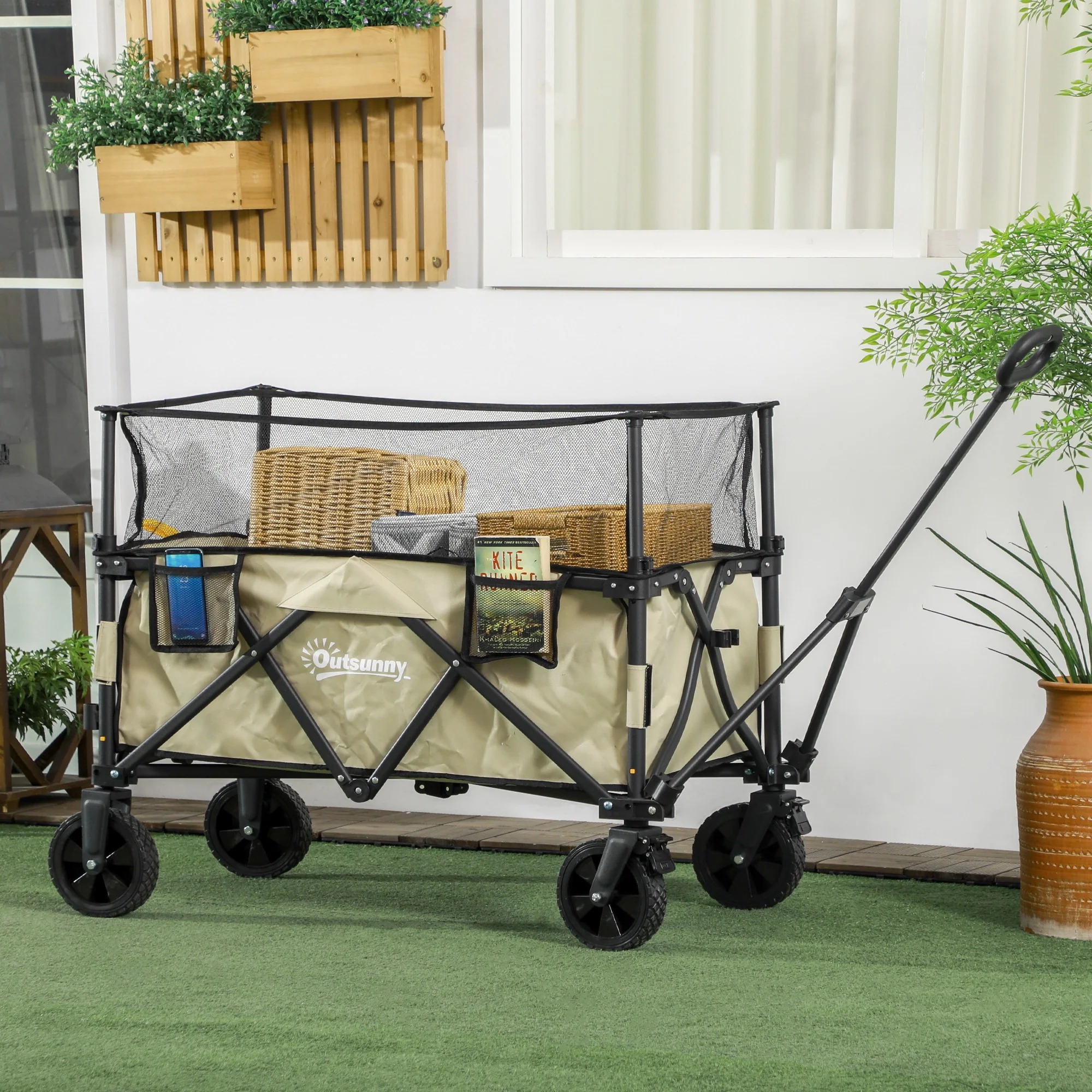 Outsunny 180L Folding Garden Trolley Wagon Cart w/ Extendable Side Walls, Khaki - Image 2