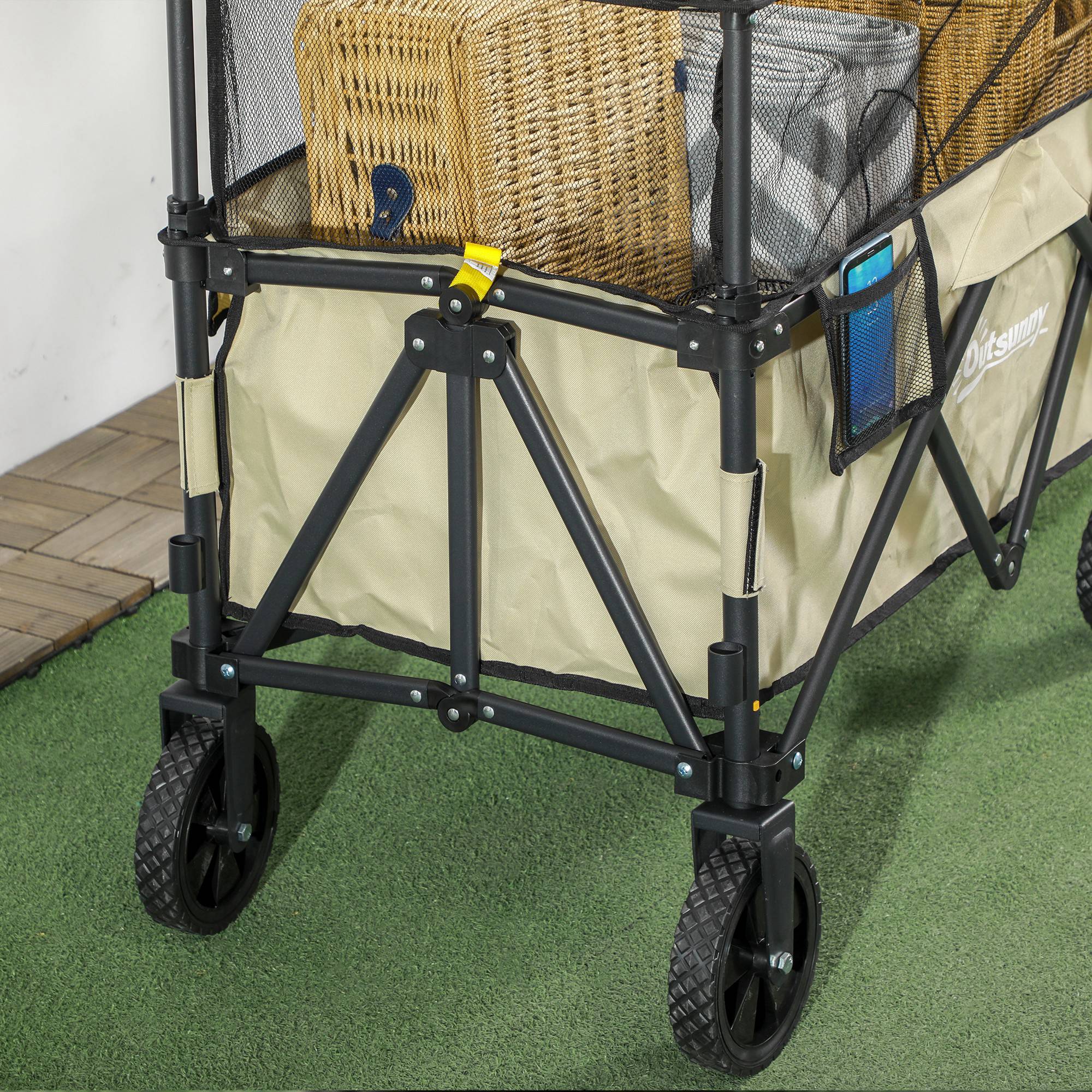 Outsunny 180L Folding Garden Trolley Wagon Cart w/ Extendable Side Walls, Khaki - Image 9