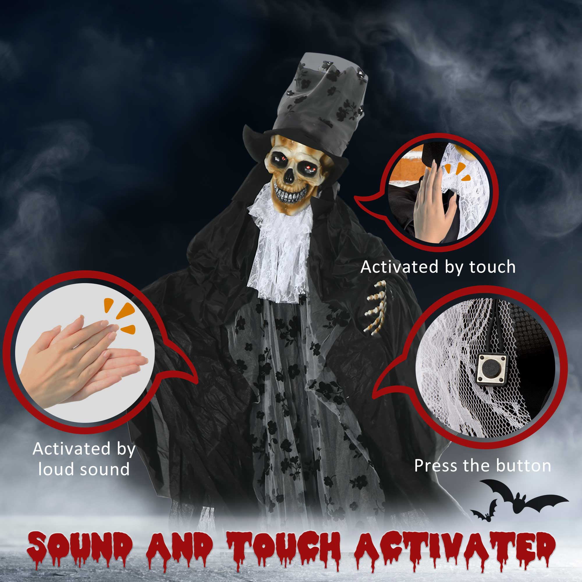 Outsunny 189cm Animated Prop Ghost Bridegroom, Indoor Halloween Decorations - Image 6