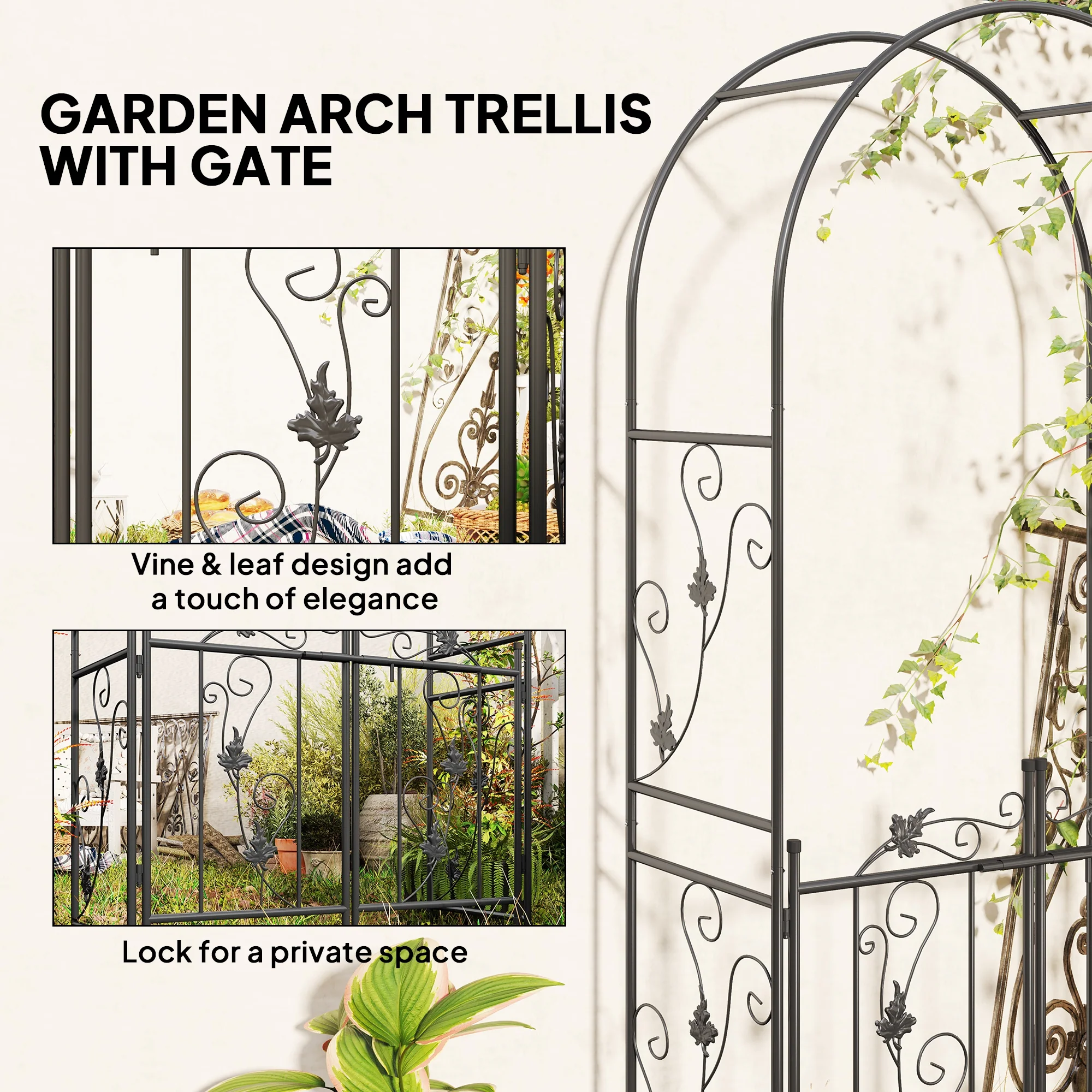 Outsunny 2.17m Steel Garden Arch with Double Gate, Garden Arbor Trellis, Black - Image 4