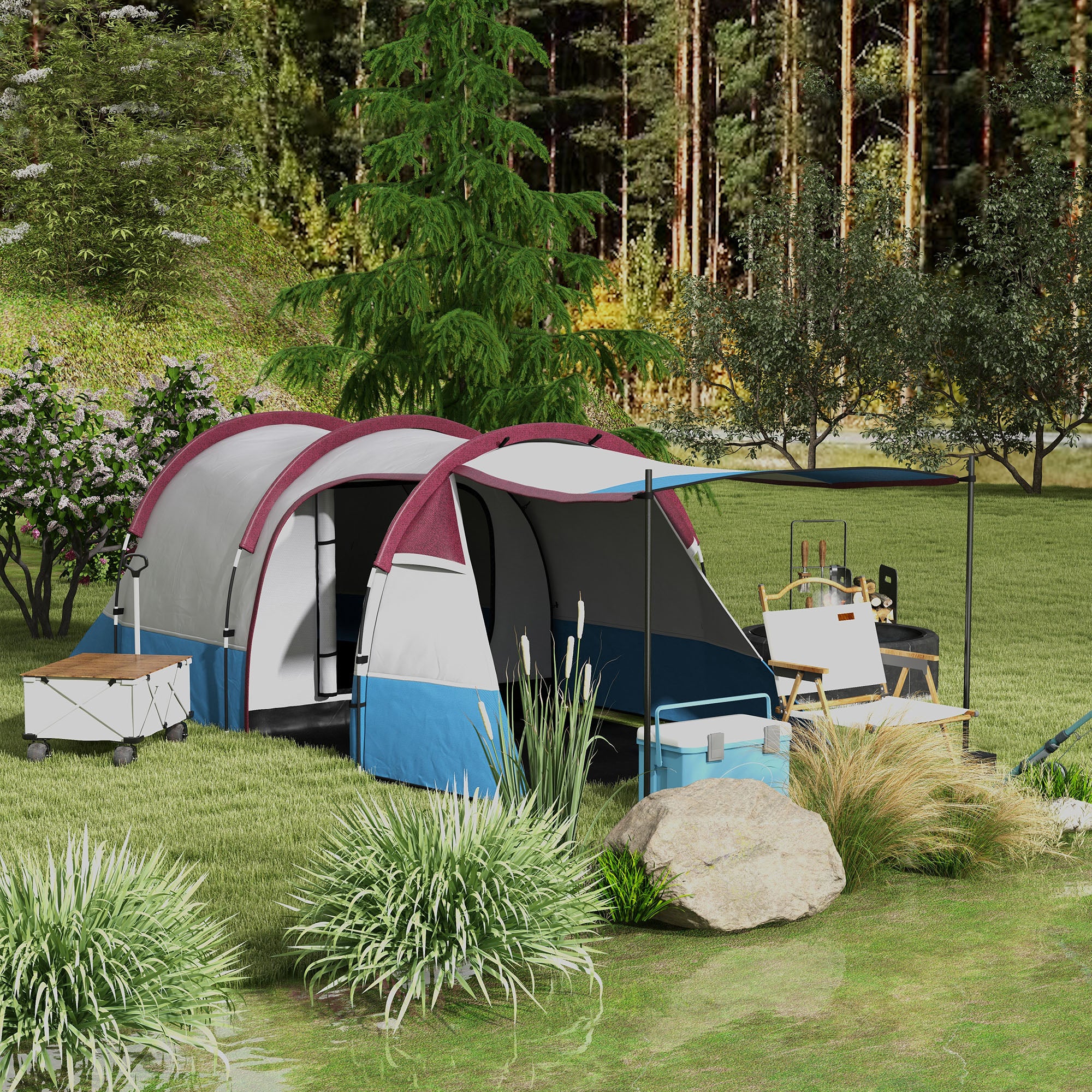 Outsunny 2-3 Man Camping Tunnel Tent with Bedroom and Living Room, Red - Image 2