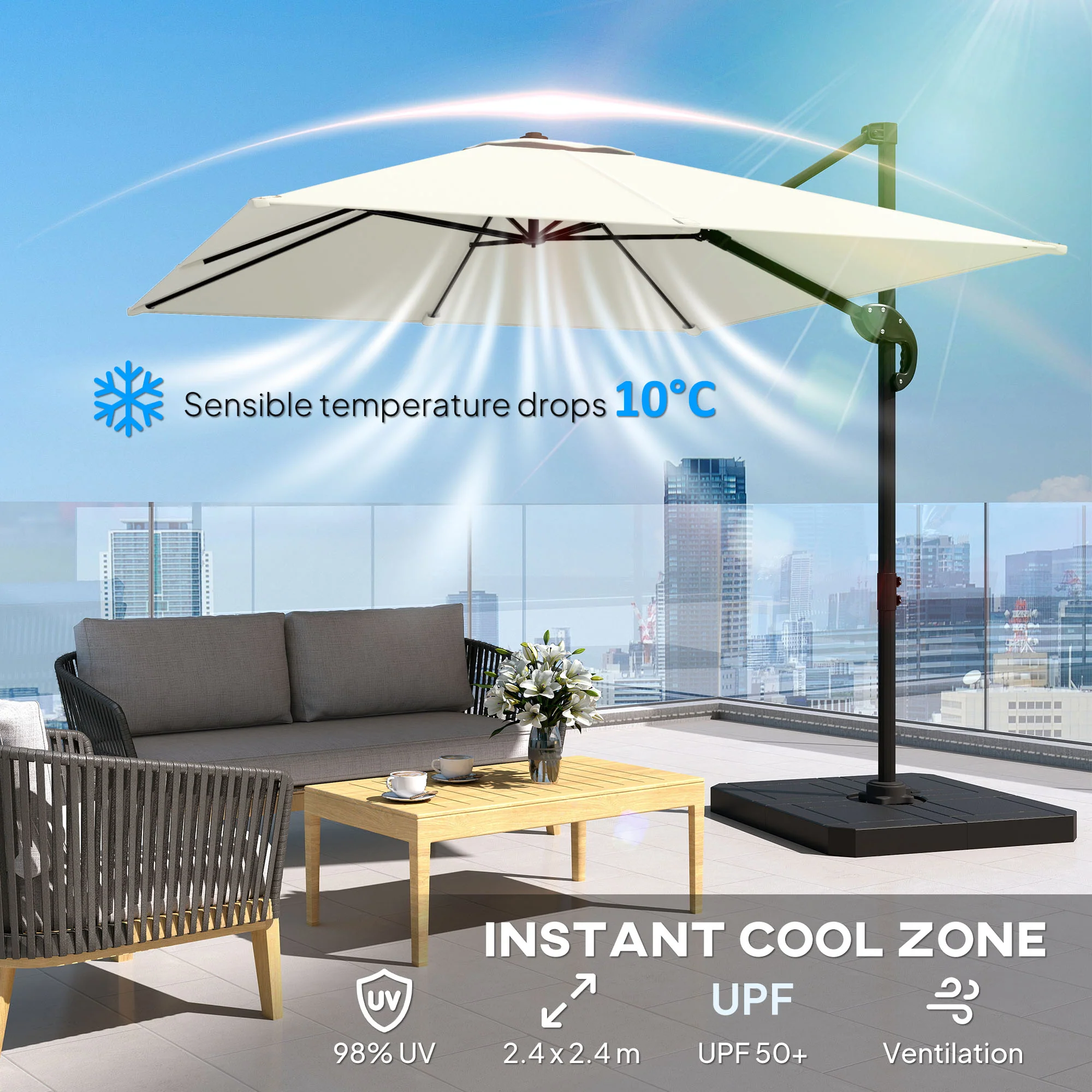 Outsunny 2.4 X 2.4 M Cantilever Parasol W/ Umbrella Weights, Cream White - Image 5