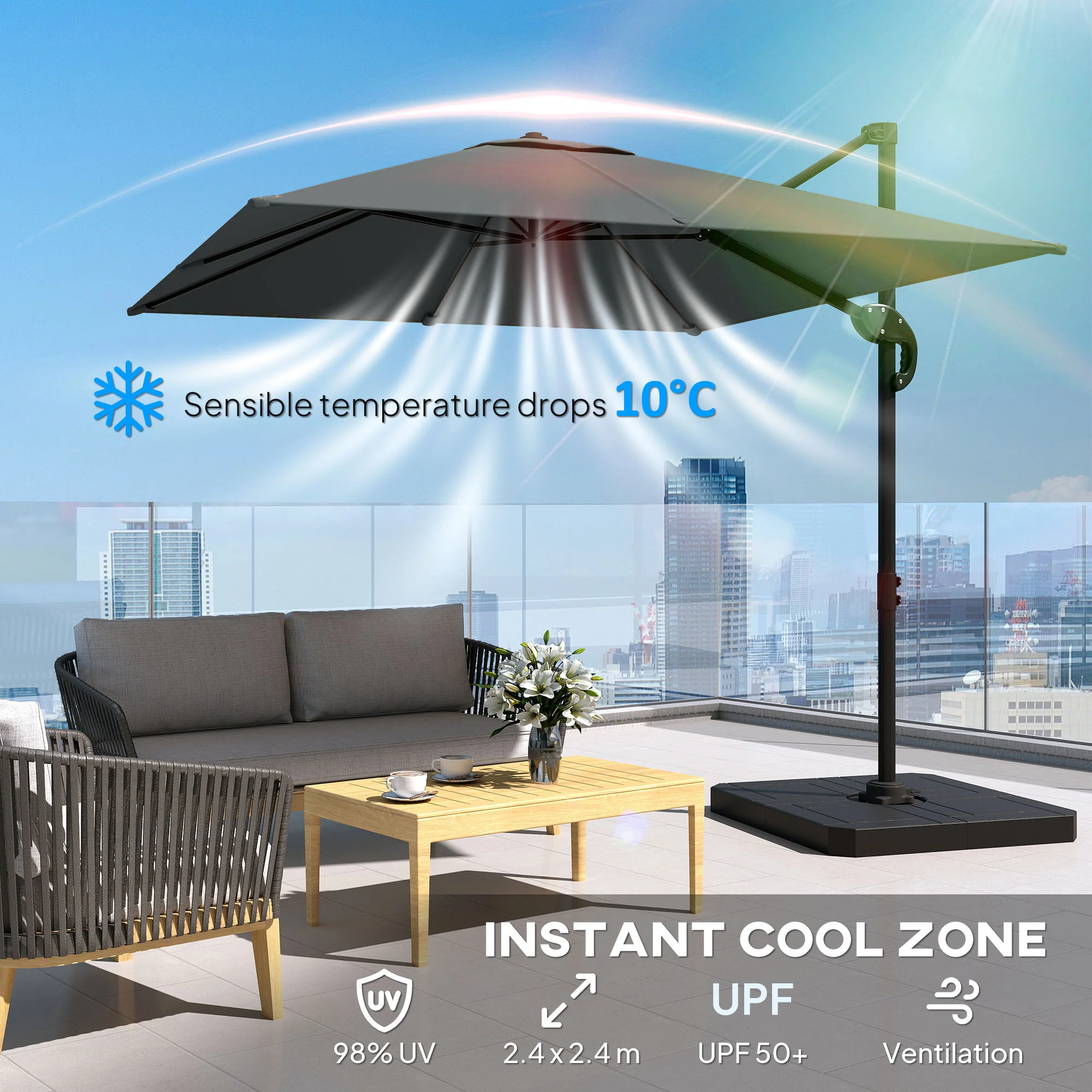 Outsunny 2.4 X 2.4 M Cantilever Parasol W/ Umbrella Weights, Dark Grey - Image 5