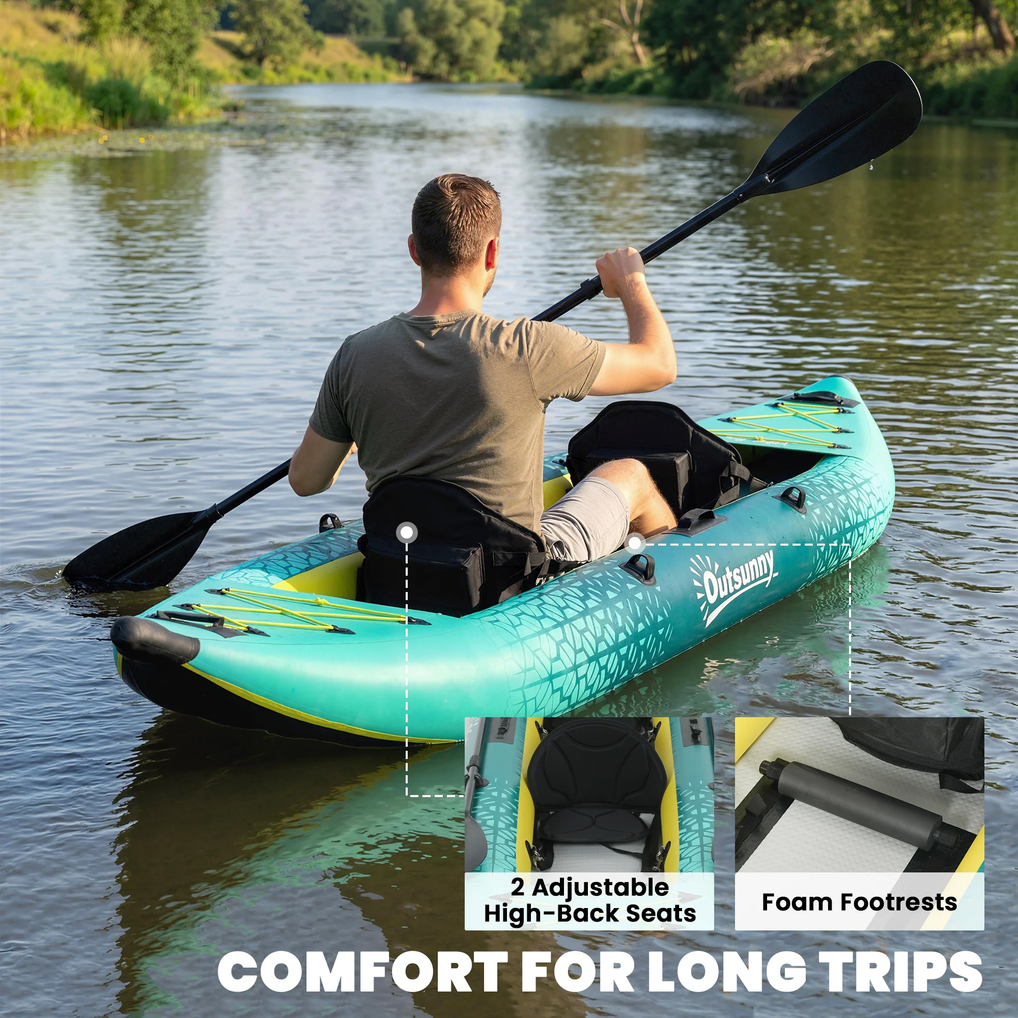 Outsunny 2.5' Inflatable Kayak 2-person Sit On Canoe With Paddles Blue - Image 7