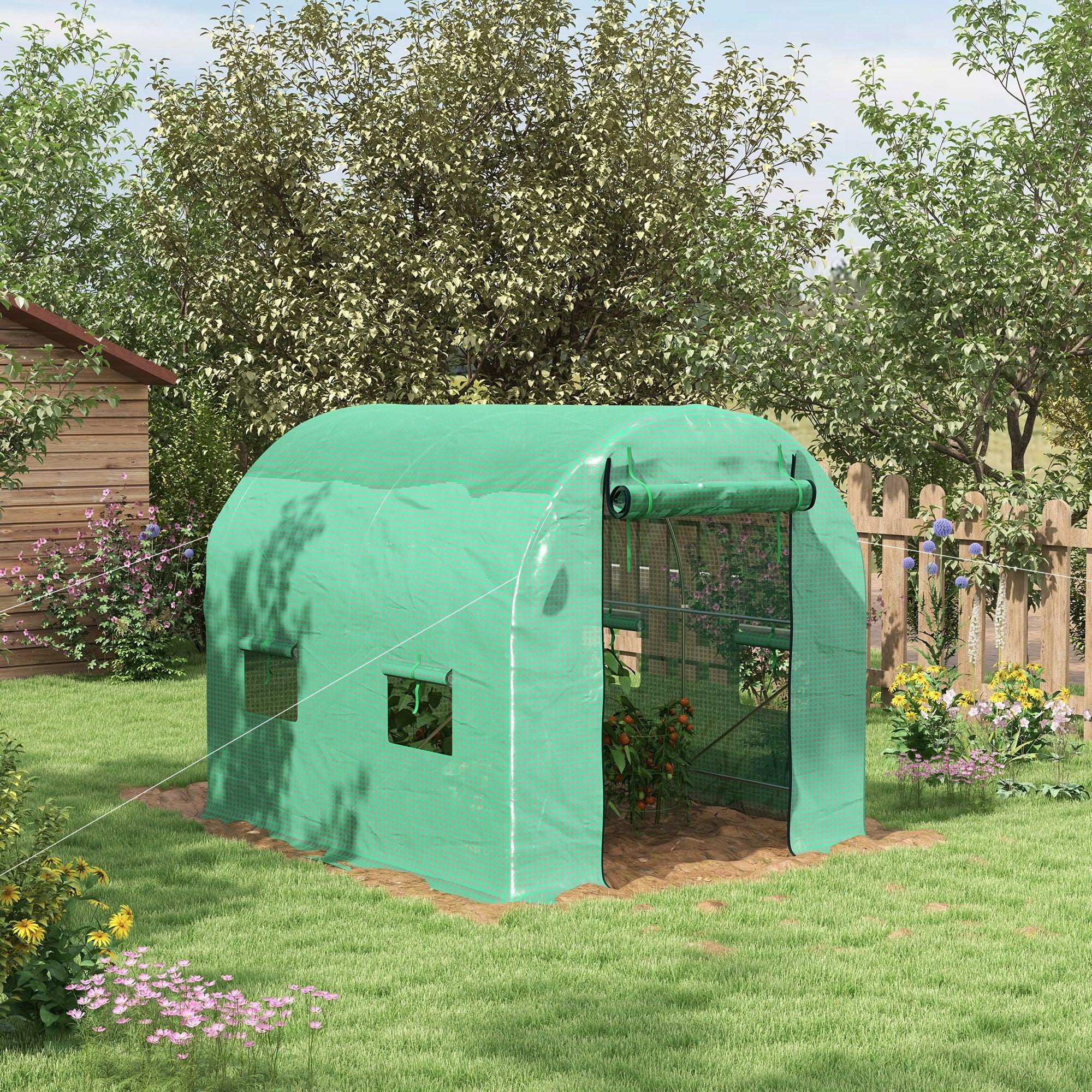 Outsunny 2.5 x 2m Walk-In Polytunnel Greenhouse with Roll Up Door Windows Green - Image 2