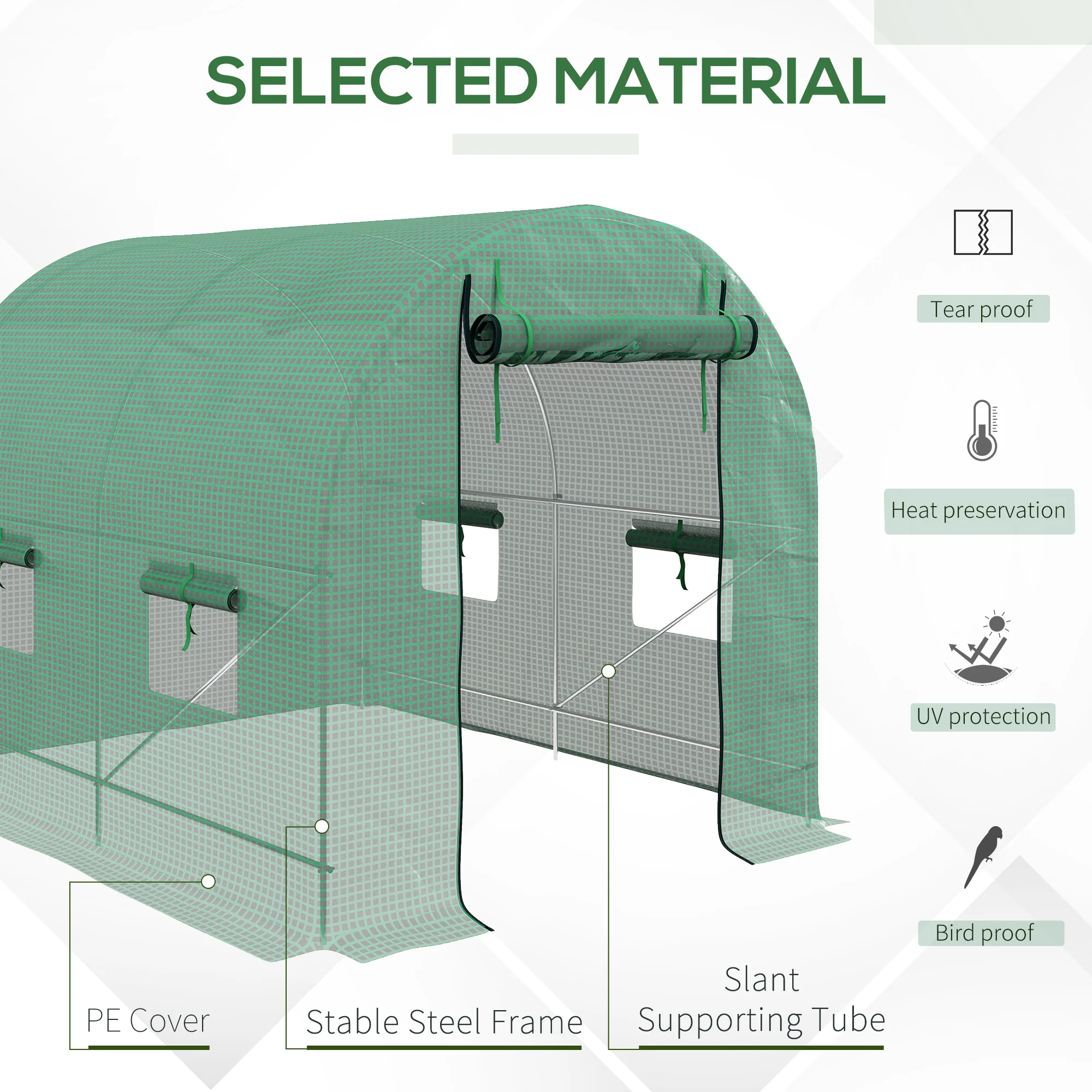 Outsunny 2.5 x 2m Walk-In Polytunnel Greenhouse with Roll Up Door Windows Green - Image 4