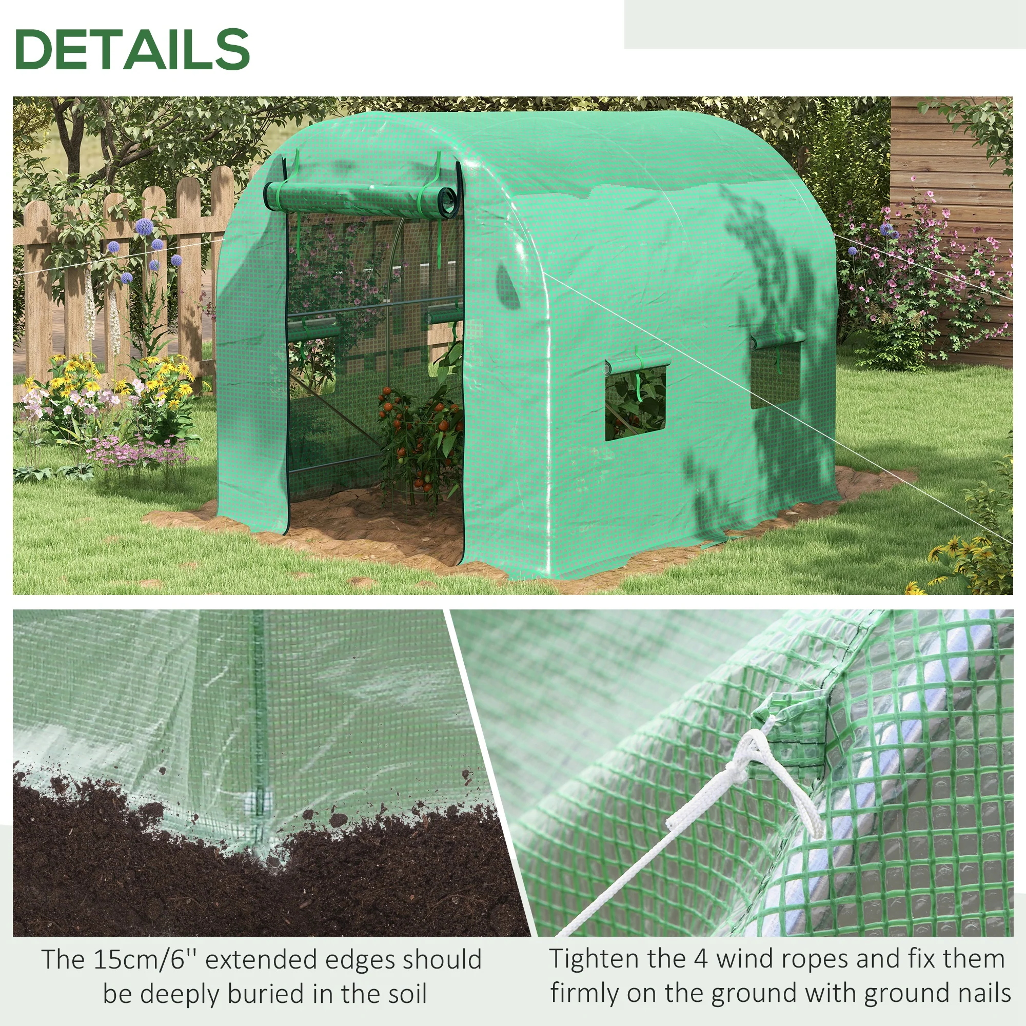 Outsunny 2.5 x 2m Walk-In Polytunnel Greenhouse with Roll Up Door Windows Green - Image 5