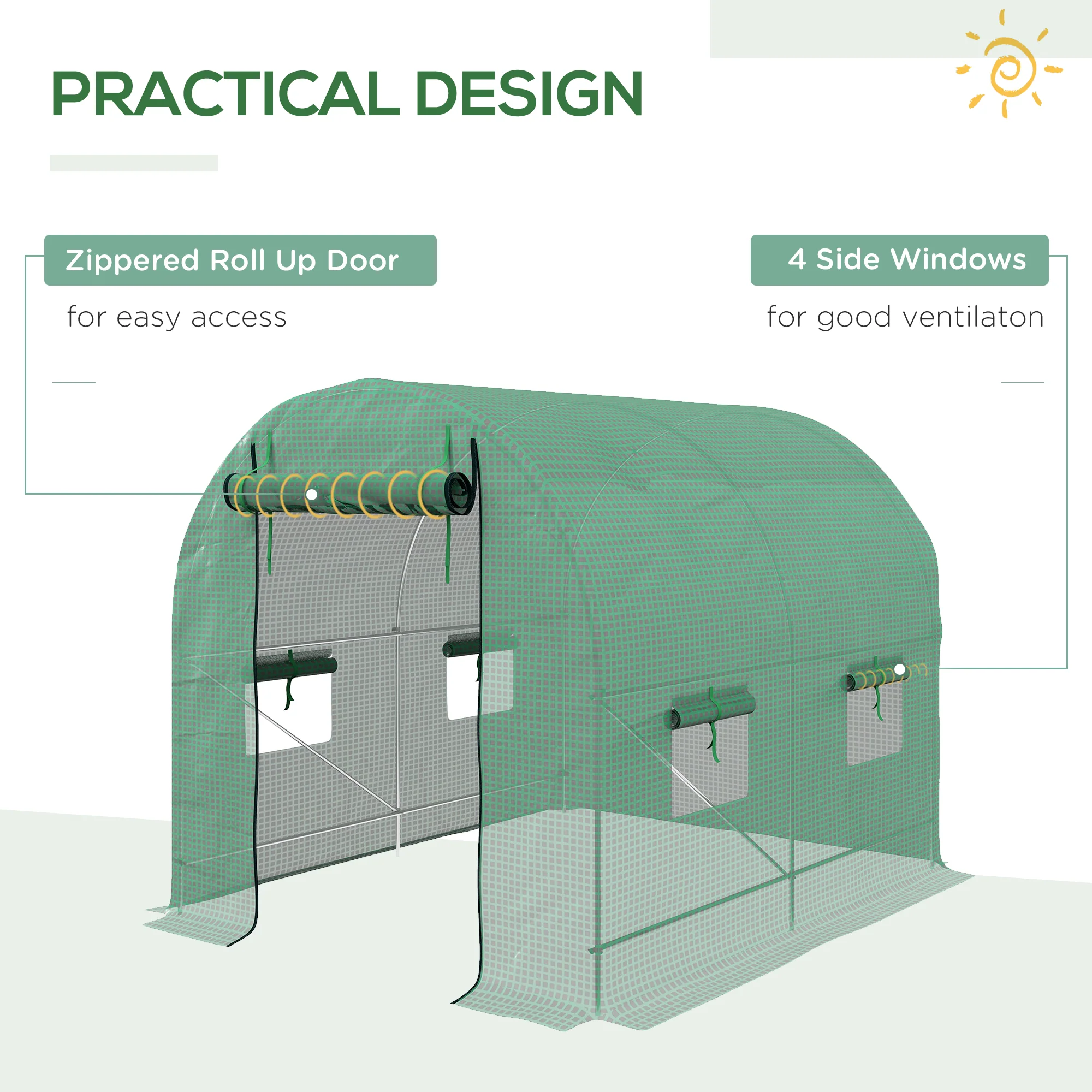 Outsunny 2.5 x 2m Walk-In Polytunnel Greenhouse with Roll Up Door Windows Green - Image 6