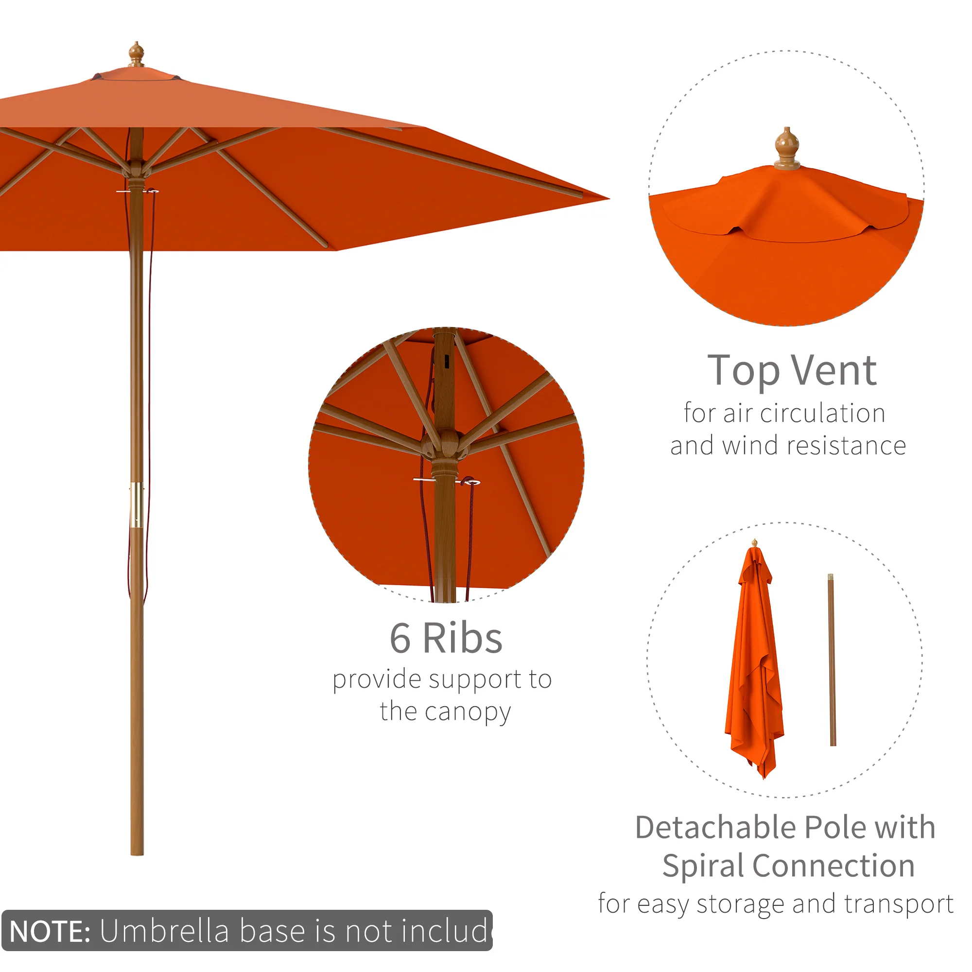 Outsunny 2.5m Wood Garden Parasol Sun Shade Outdoor Wooden Umbrella Canopy - Image 12