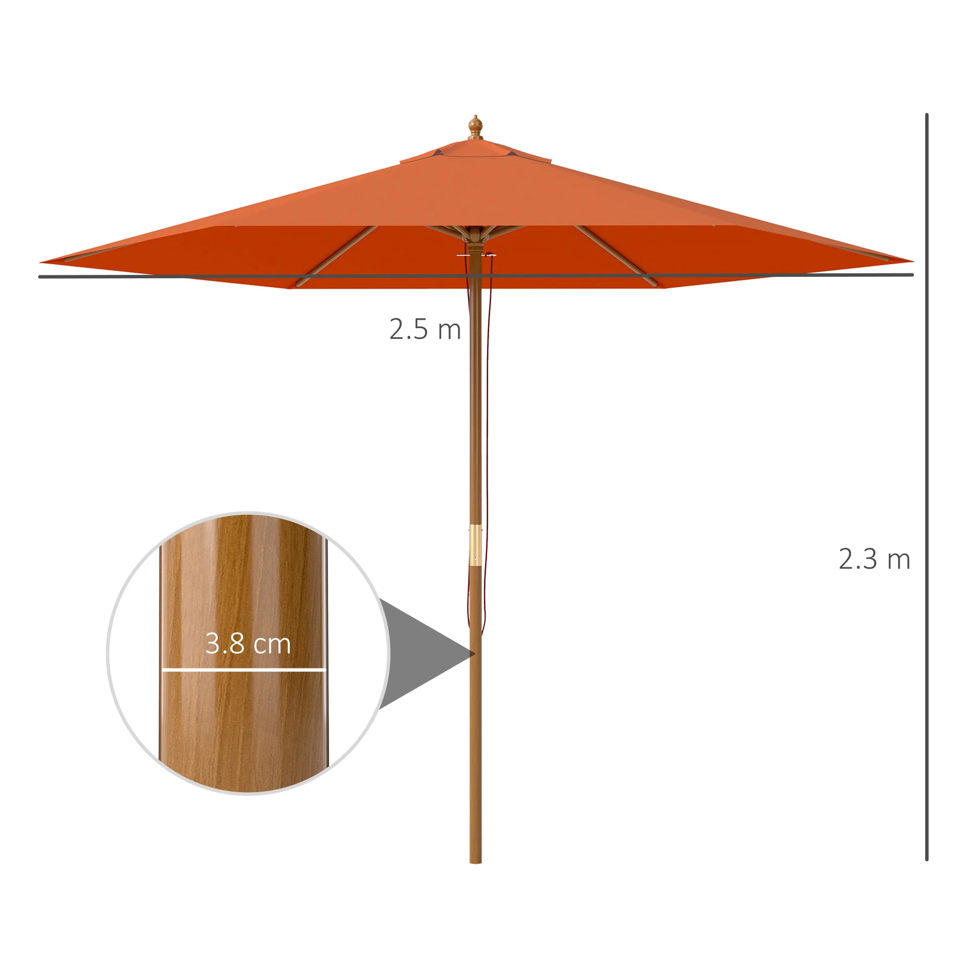 Outsunny 2.5m Wood Garden Parasol Sun Shade Outdoor Wooden Umbrella Canopy - Image 14