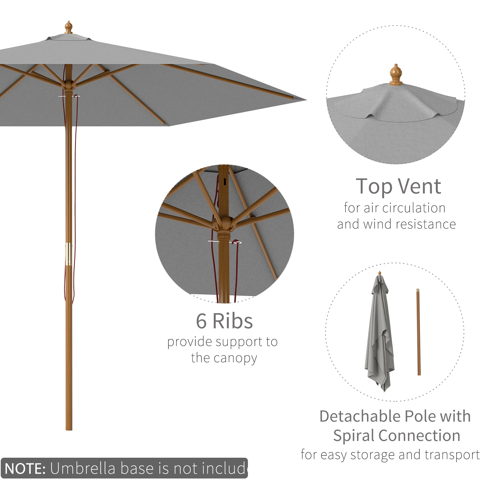 Outsunny 2.5m Wood Garden Parasol Sun Shade Outdoor Wooden Umbrella Canopy - Image 3