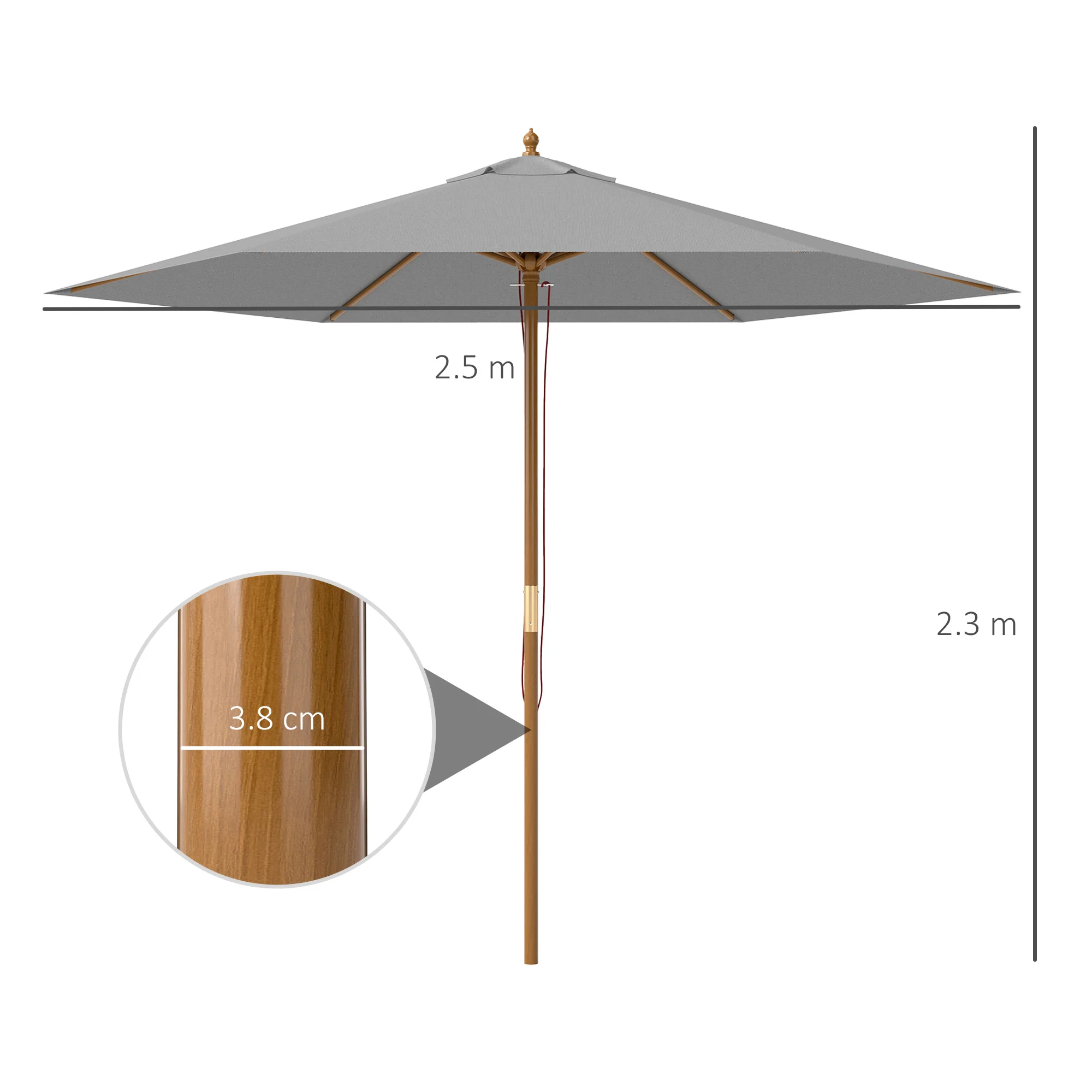 Outsunny 2.5m Wood Garden Parasol Sun Shade Outdoor Wooden Umbrella Canopy - Image 5