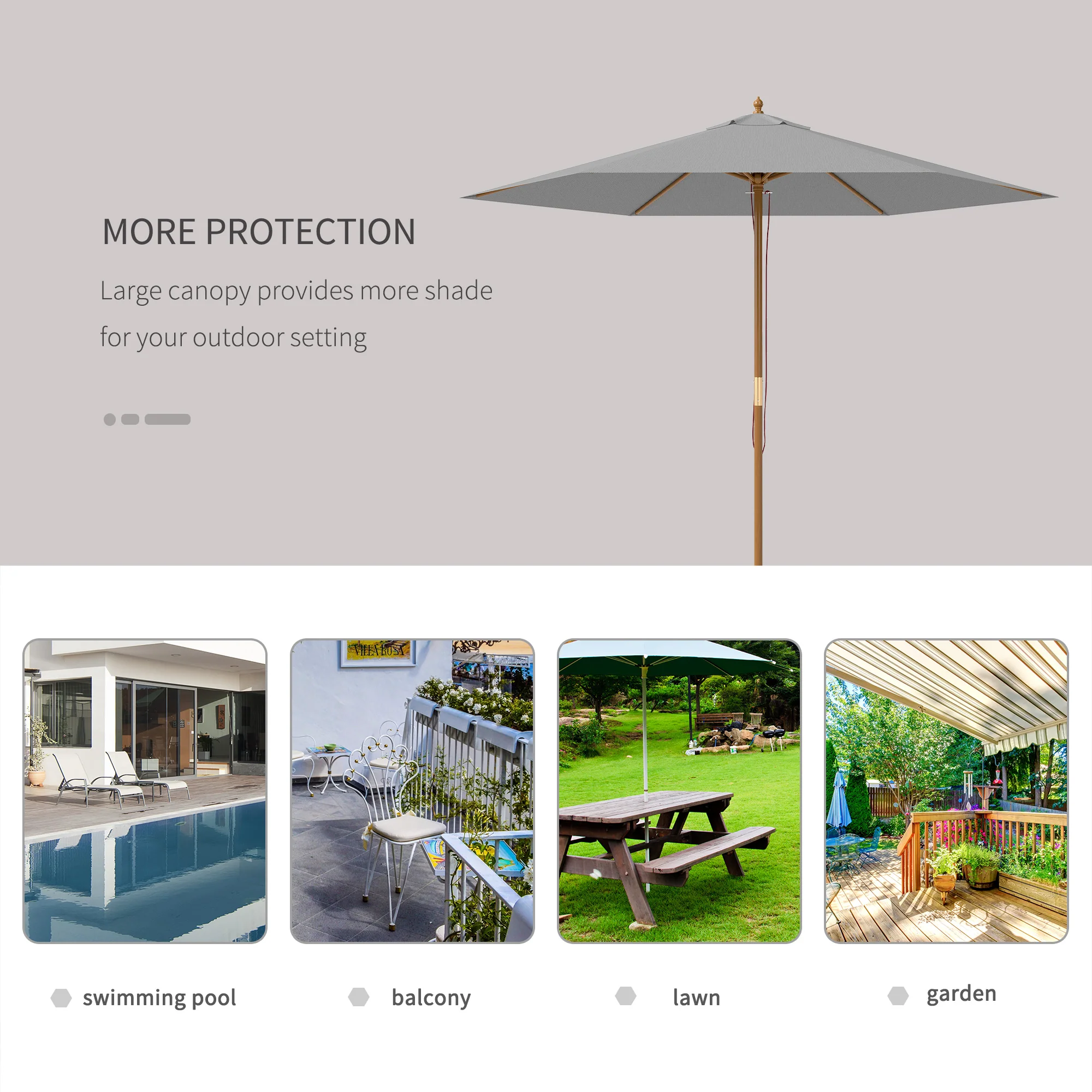 Outsunny 2.5m Wood Garden Parasol Sun Shade Outdoor Wooden Umbrella Canopy - Image 6