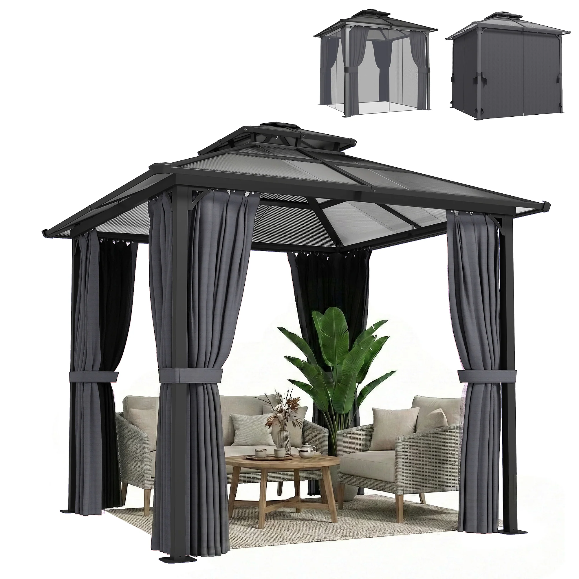 Outsunny 2.5x2.5 m Hardtop Gazebo Canopy w/ Drainage Gutters, Garden Gazebo