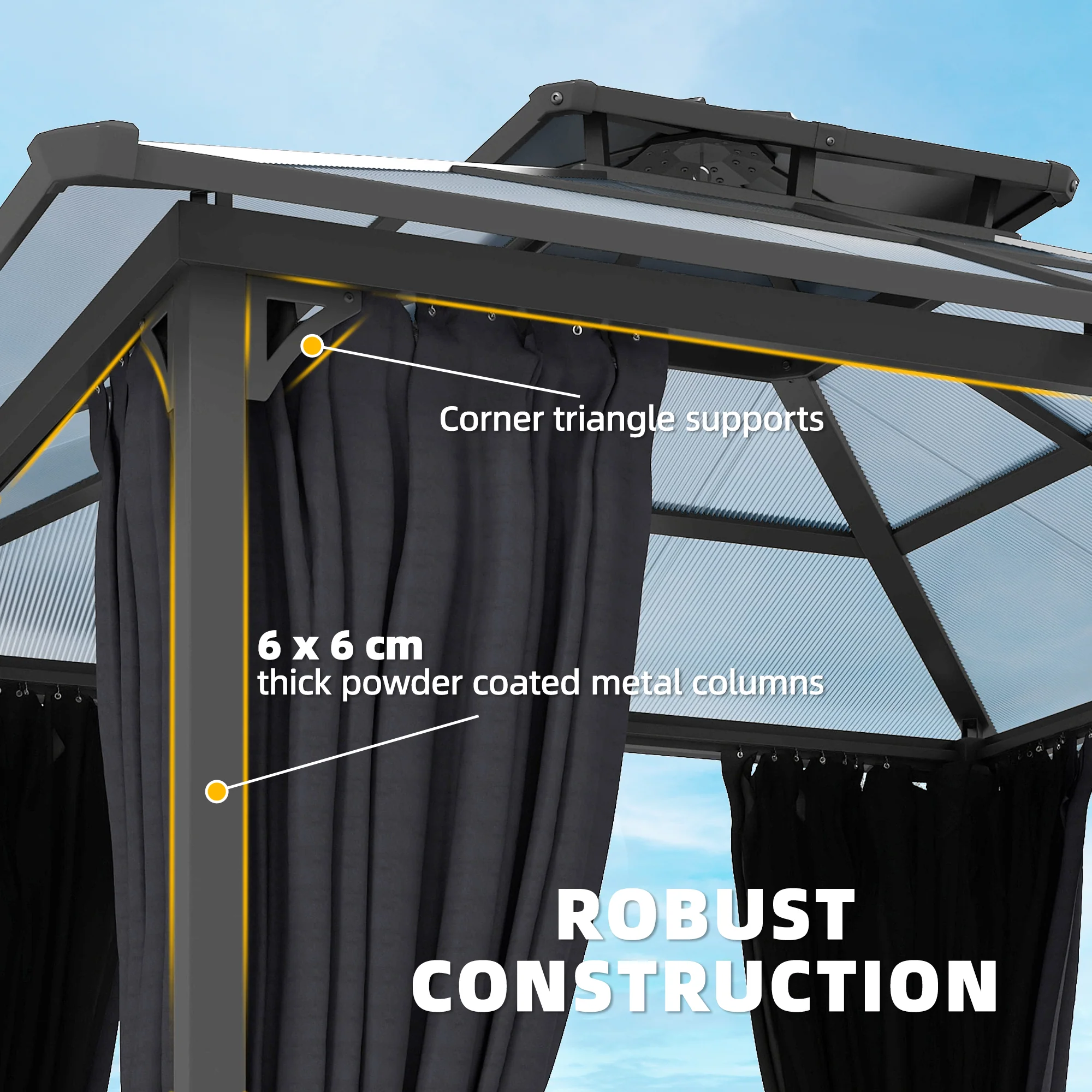 Outsunny 2.5x2.5 m Hardtop Gazebo Canopy w/ Drainage Gutters, Garden Gazebo - Image 6