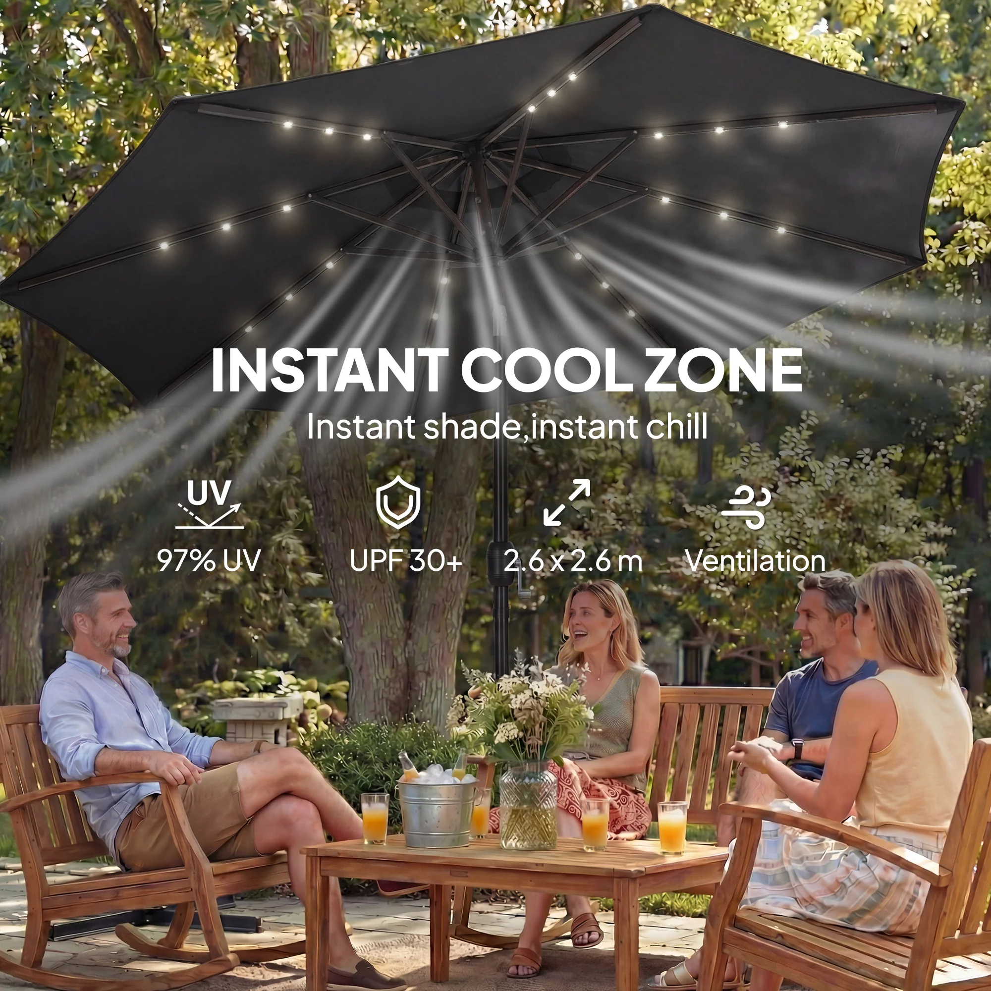 Outsunny 2.6 m Garden Parasol Umbrella with Light, Outdoor Patio Umbrella - Image 6