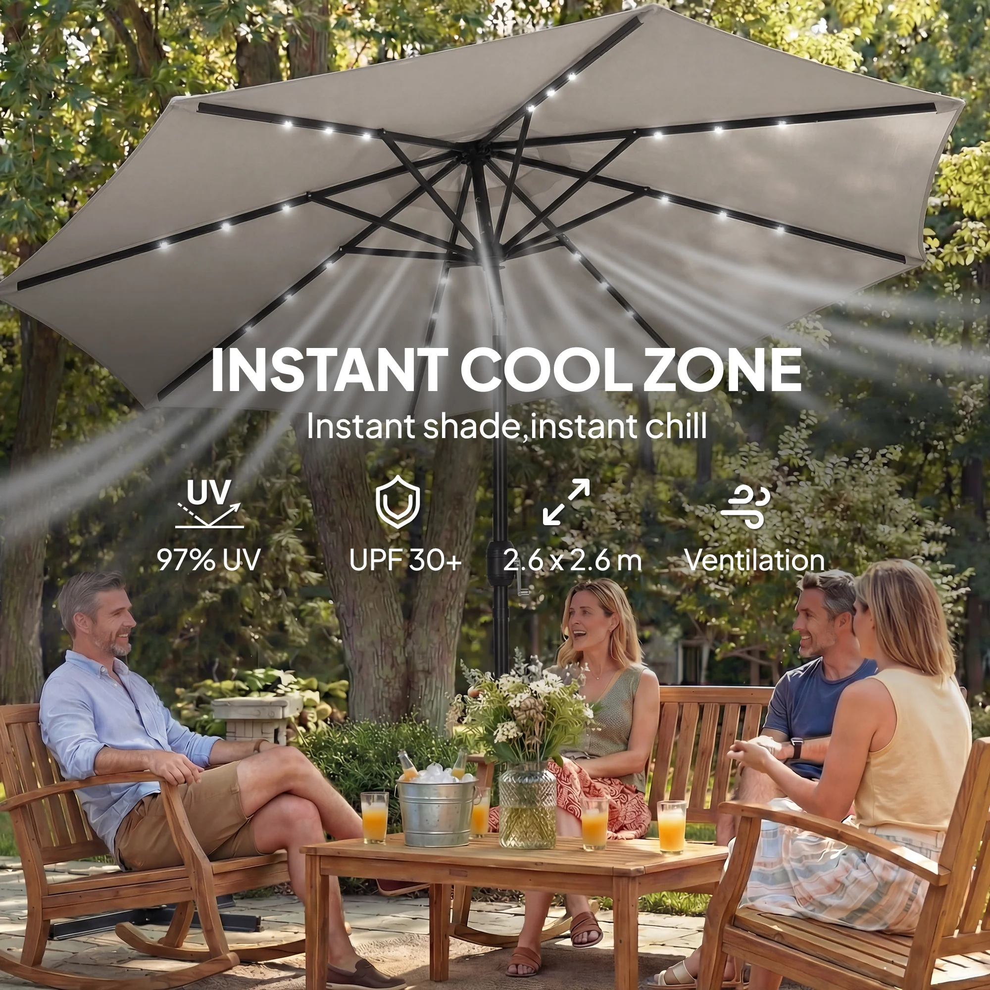 Outsunny 2.6 m Garden Parasol Umbrella with Light, Outdoor Patio Umbrella - Image 6