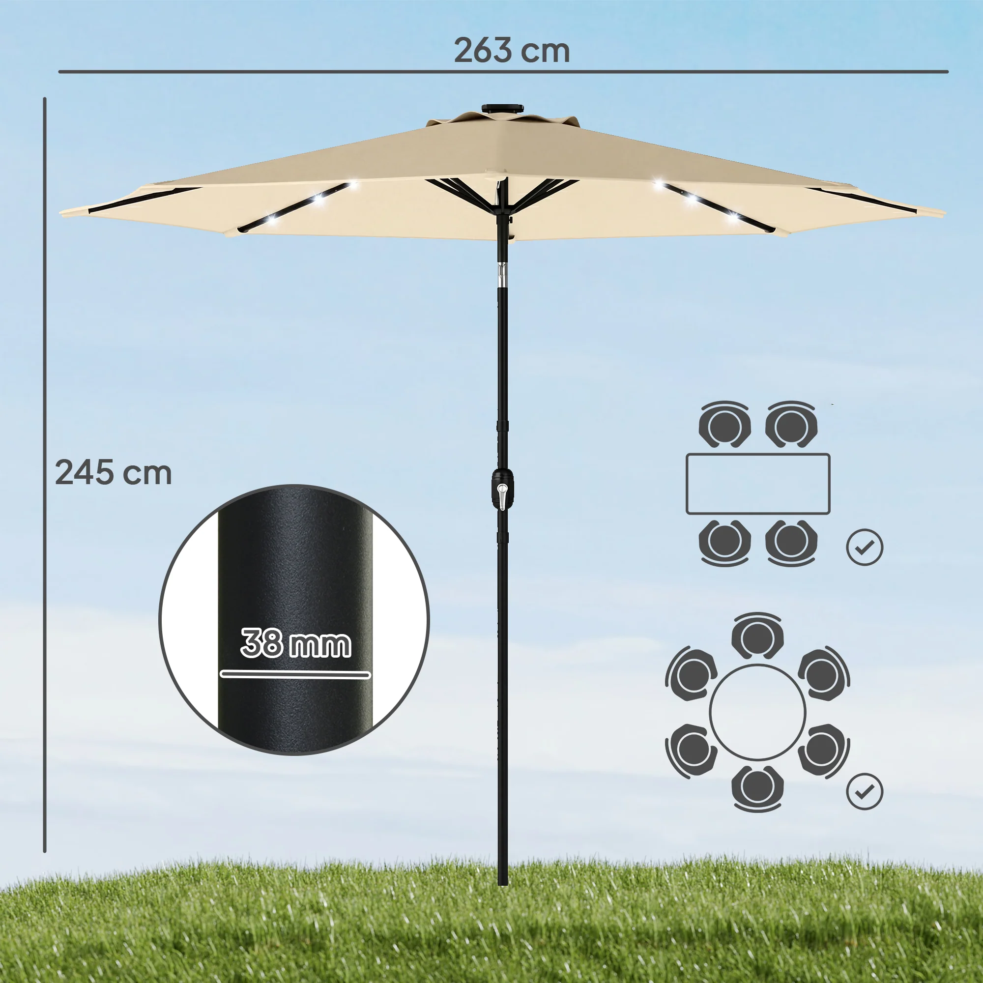 Outsunny 2.6 m Garden Parasol Umbrella with Light, Outdoor Patio Umbrella - Image 3