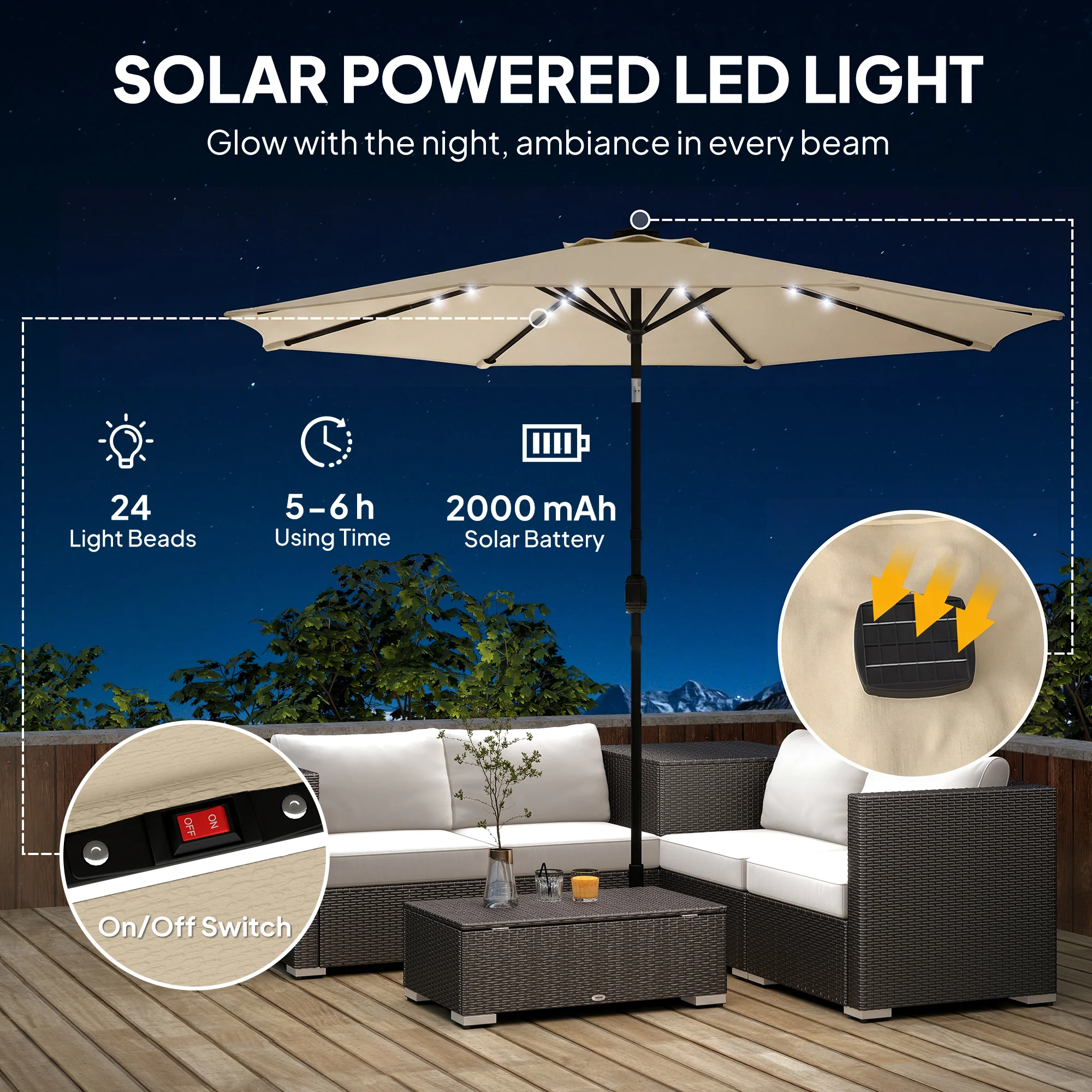 Outsunny 2.6 m Garden Parasol Umbrella with Light, Outdoor Patio Umbrella - Image 4